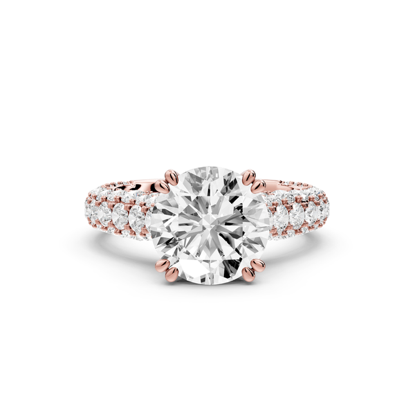 Clarissa - 3ct 14k rose gold round Diamond double talon prongs with a diamond bridge rollover pave cathedral engagment ring