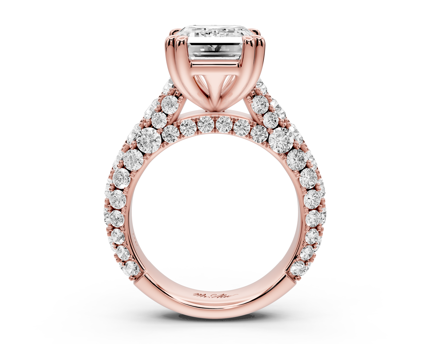 Clarissa - 4ct 14k rose gold emerald Diamond double talon prongs with a diamond bridge rollover pave cathedral engagment ring
