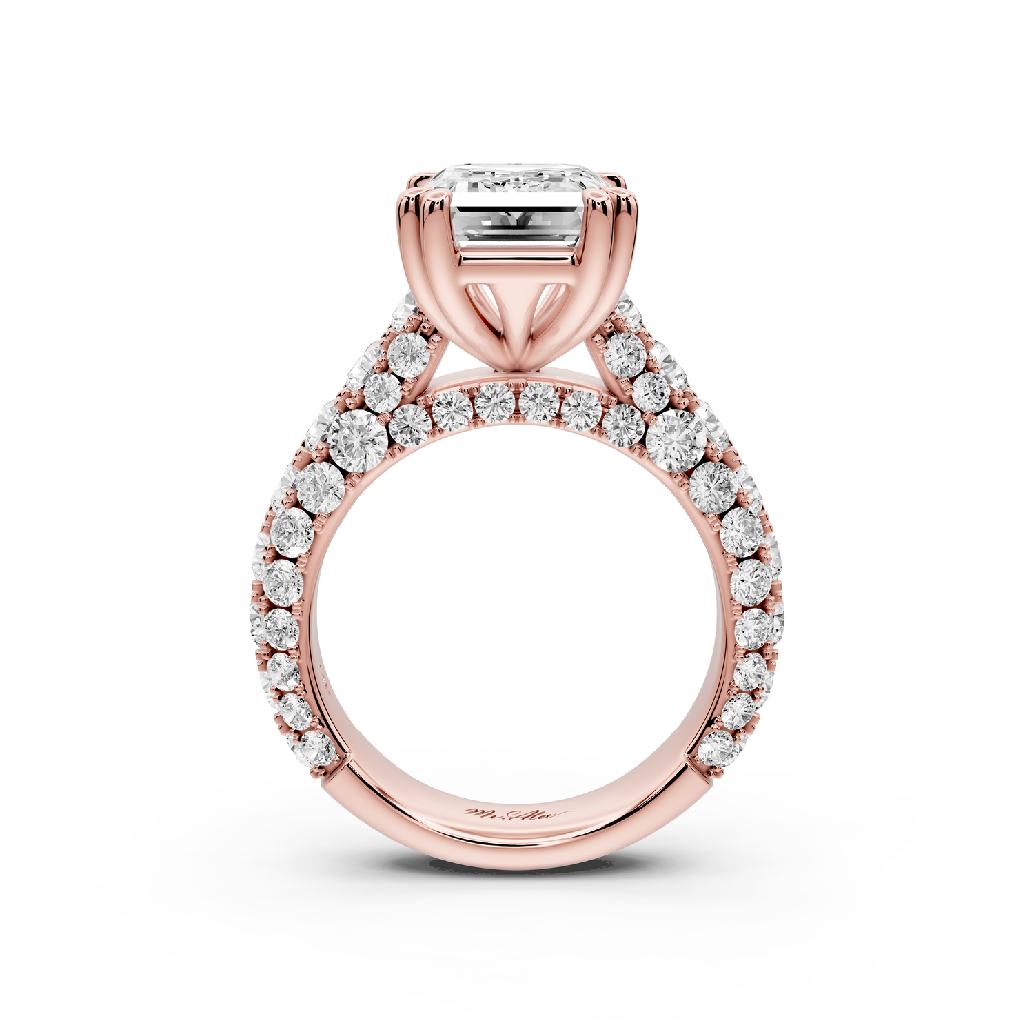 Clarissa - 4ct 14k rose gold emerald Diamond double talon prongs with a diamond bridge rollover pave cathedral engagment ring