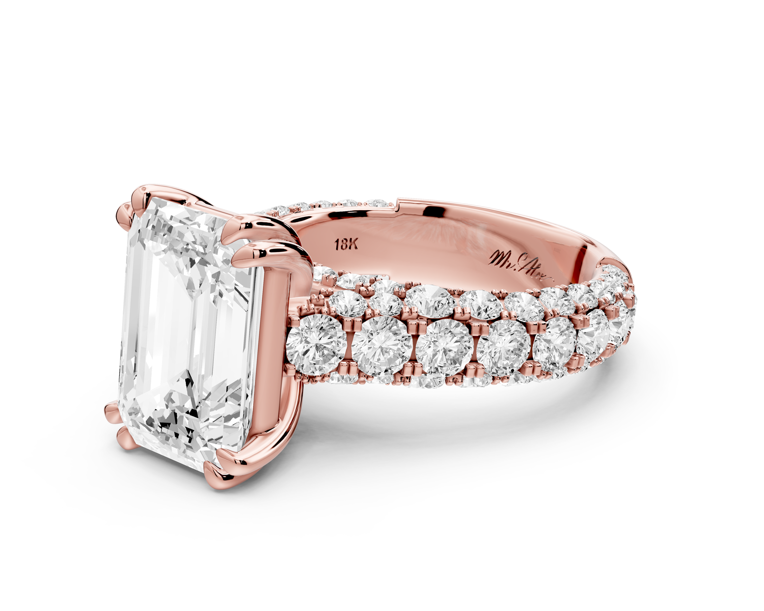 Clarissa - 4ct 14k rose gold emerald Diamond double talon prongs with a diamond bridge rollover pave cathedral engagment ring
