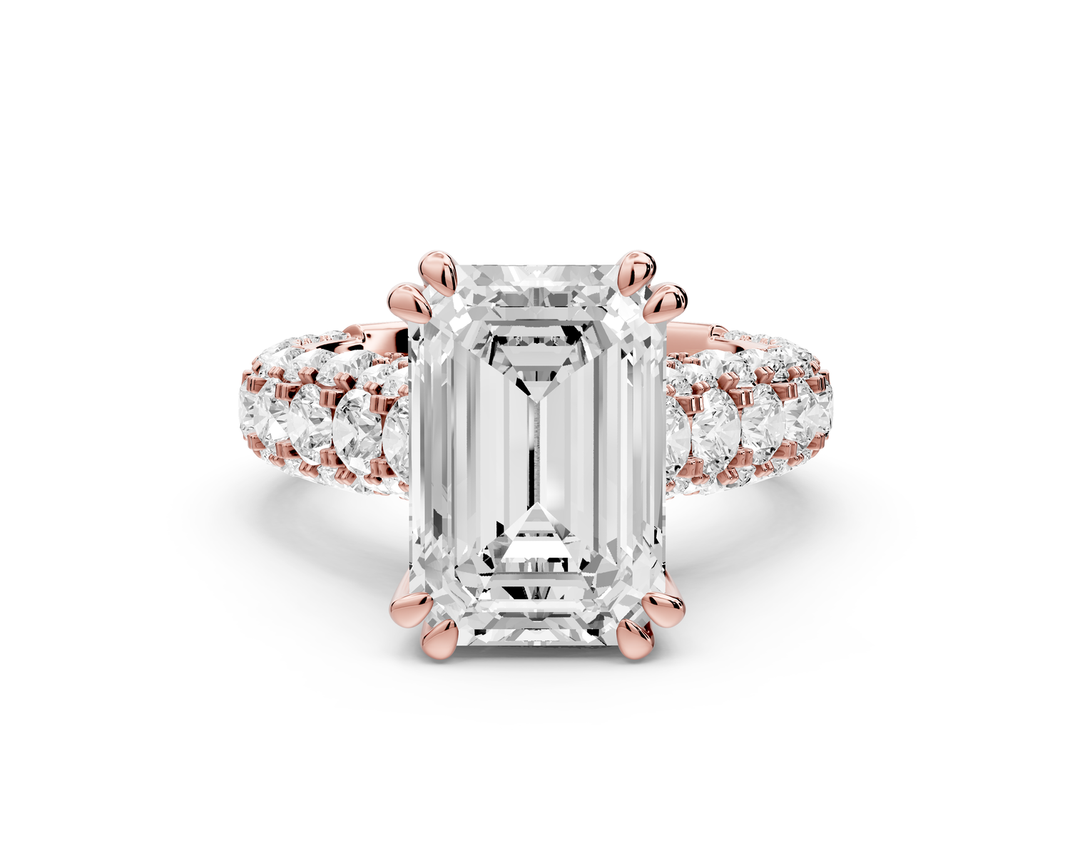 Clarissa - 4ct 14k rose gold emerald Diamond double talon prongs with a diamond bridge rollover pave cathedral engagment ring