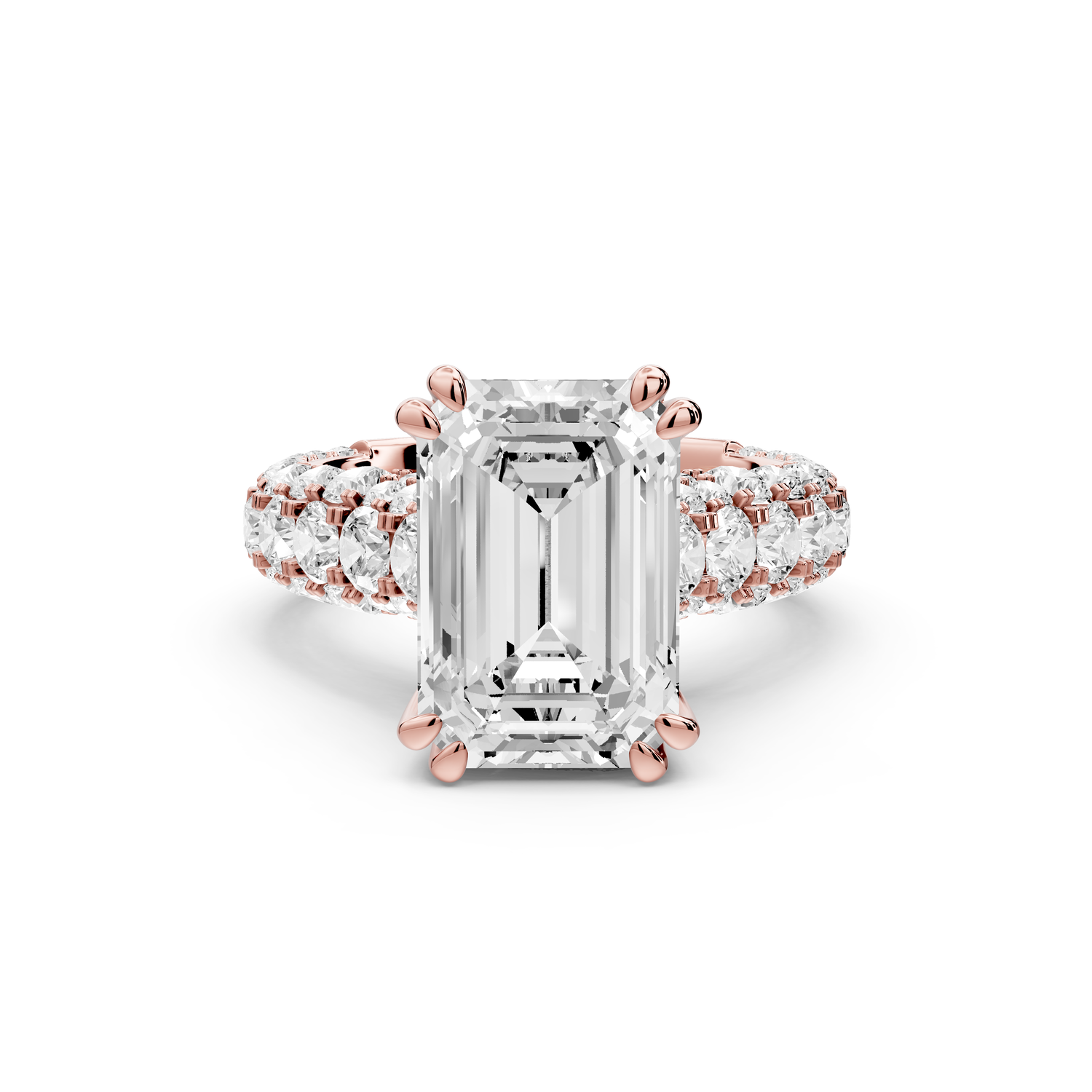 Clarissa - 4ct 14k rose gold emerald Diamond double talon prongs with a diamond bridge rollover pave cathedral engagment ring