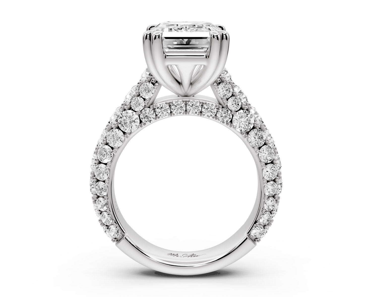 Clarissa - 4ct 14k white gold emerald Diamond double talon prongs with a diamond bridge rollover pave cathedral engagment ring