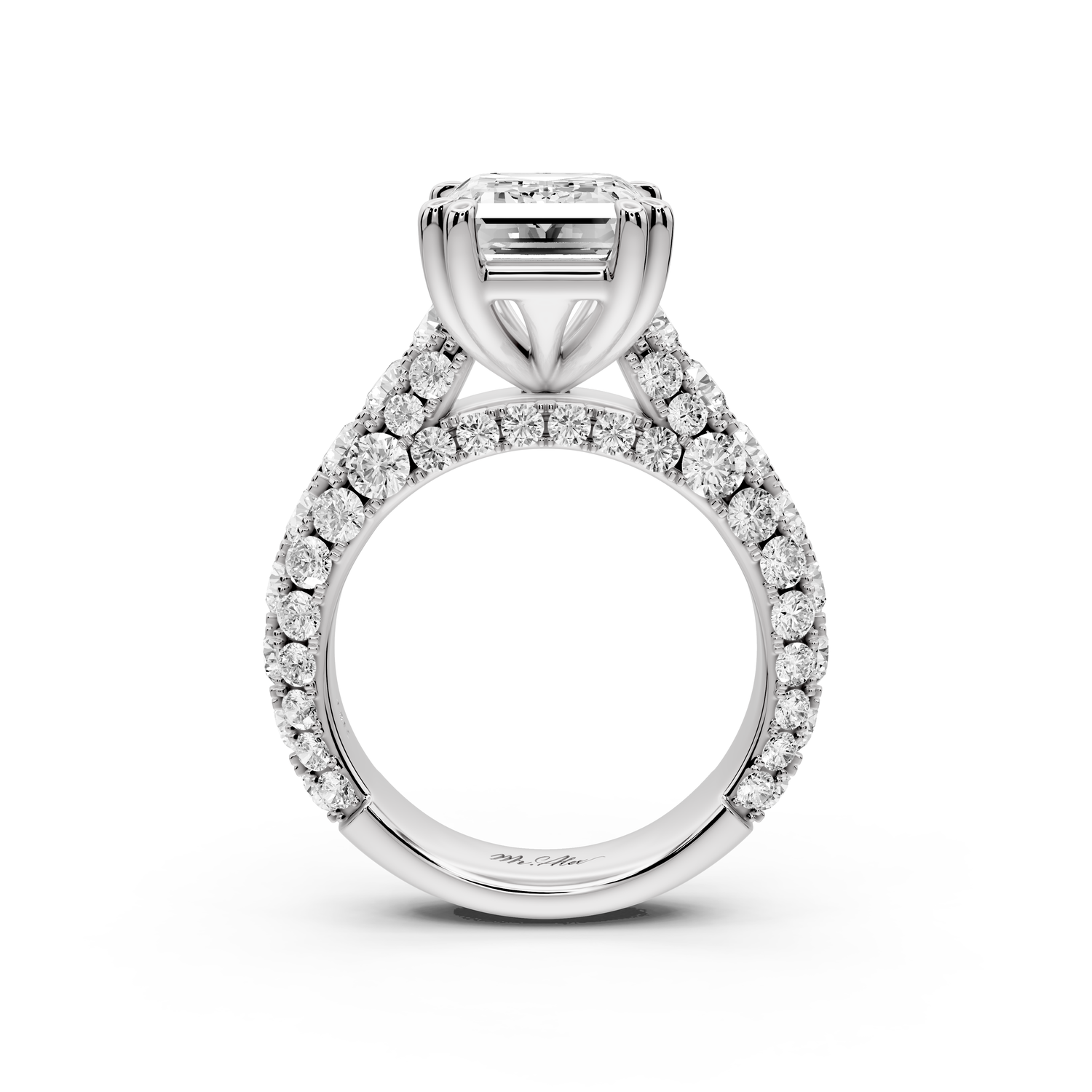 Clarissa - 4ct 14k white gold emerald Diamond double talon prongs with a diamond bridge rollover pave cathedral engagment ring