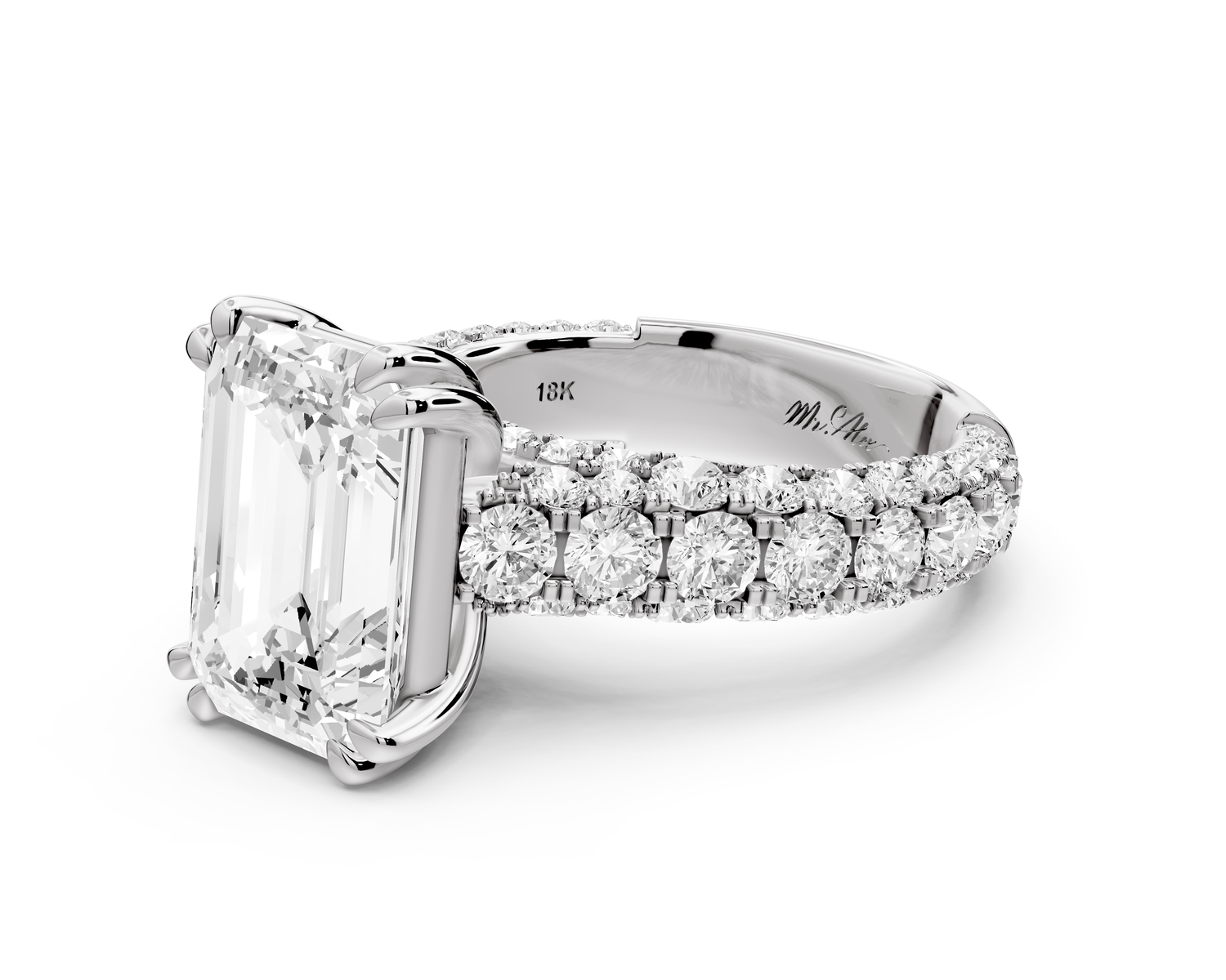 Clarissa - 4ct 14k white gold emerald Diamond double talon prongs with a diamond bridge rollover pave cathedral engagment ring