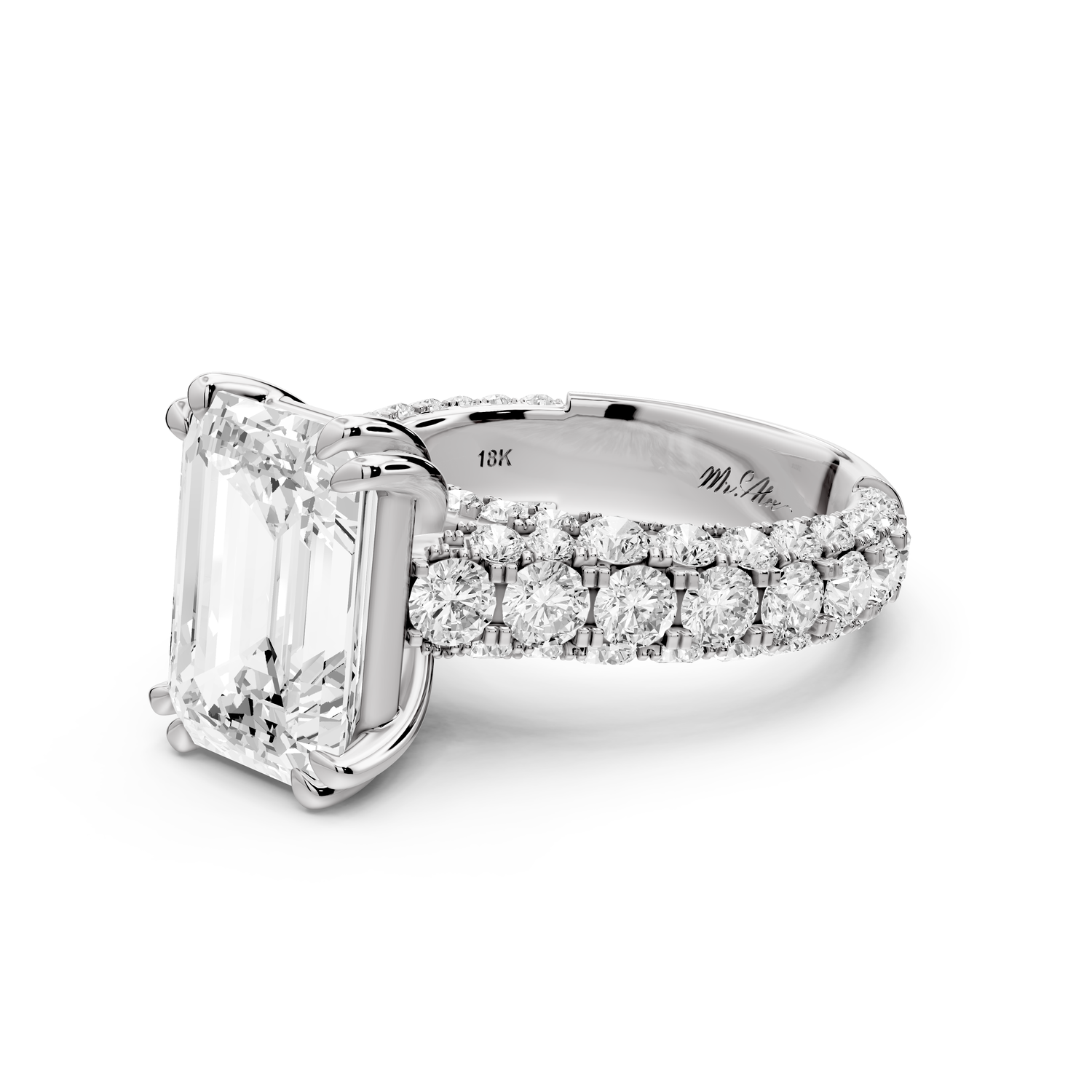Clarissa - 4ct 14k white gold emerald Diamond double talon prongs with a diamond bridge rollover pave cathedral engagment ring