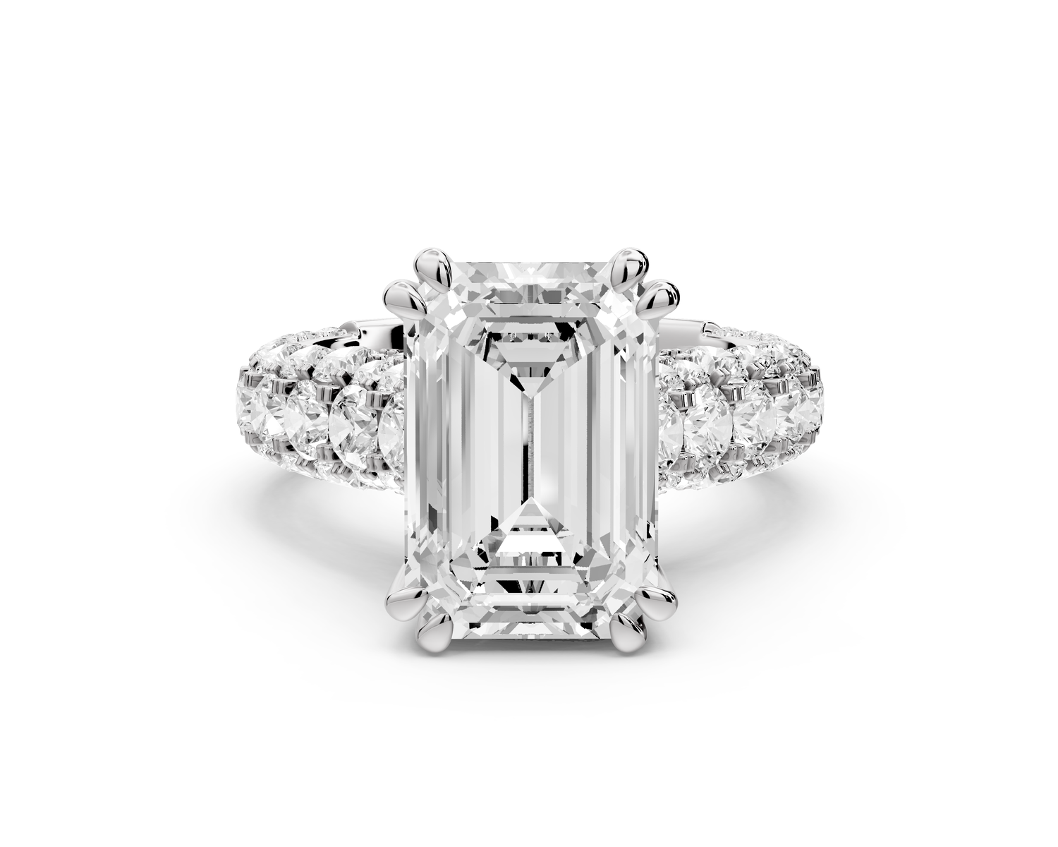 Clarissa - 4ct 14k white gold emerald Diamond double talon prongs with a diamond bridge rollover pave cathedral engagment ring