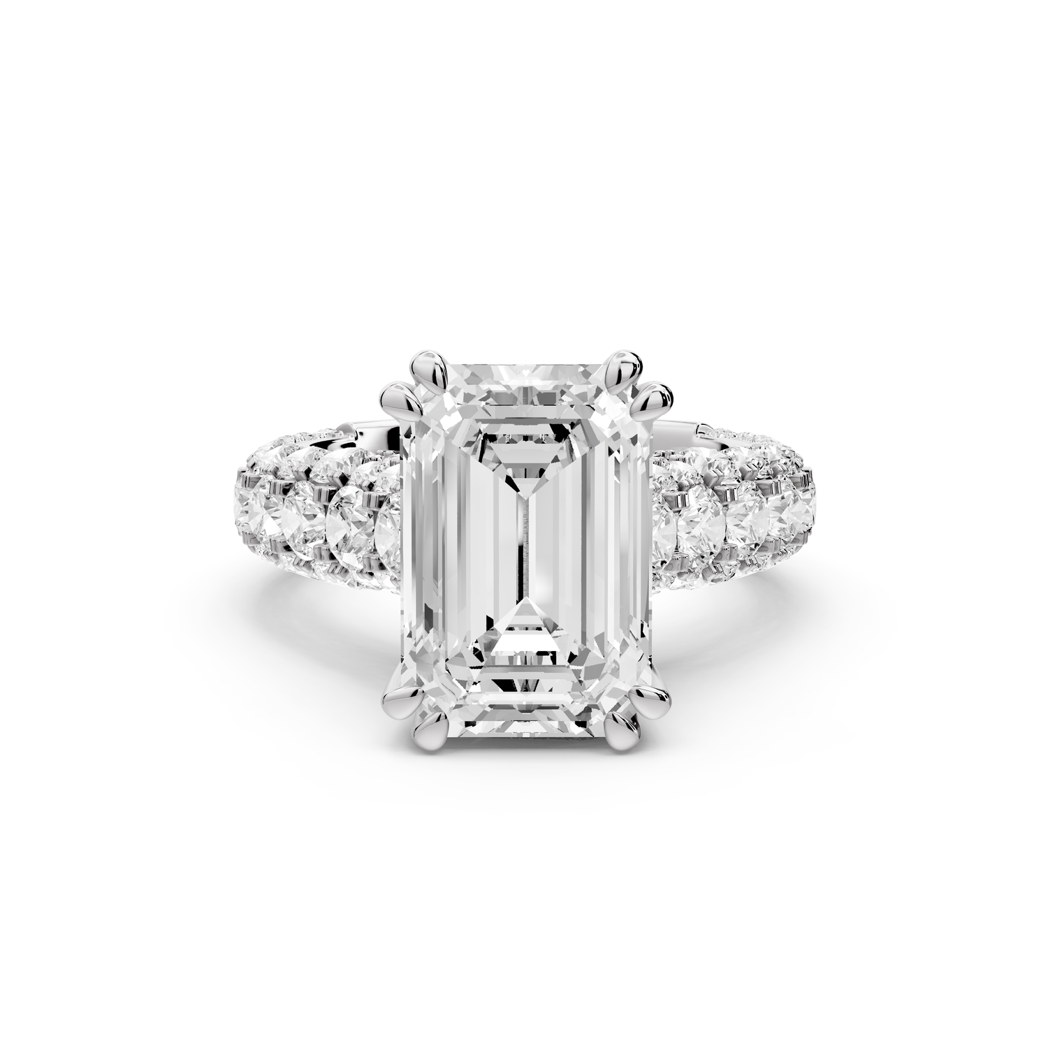 Clarissa - 4ct 14k white gold emerald Diamond double talon prongs with a diamond bridge rollover pave cathedral engagment ring