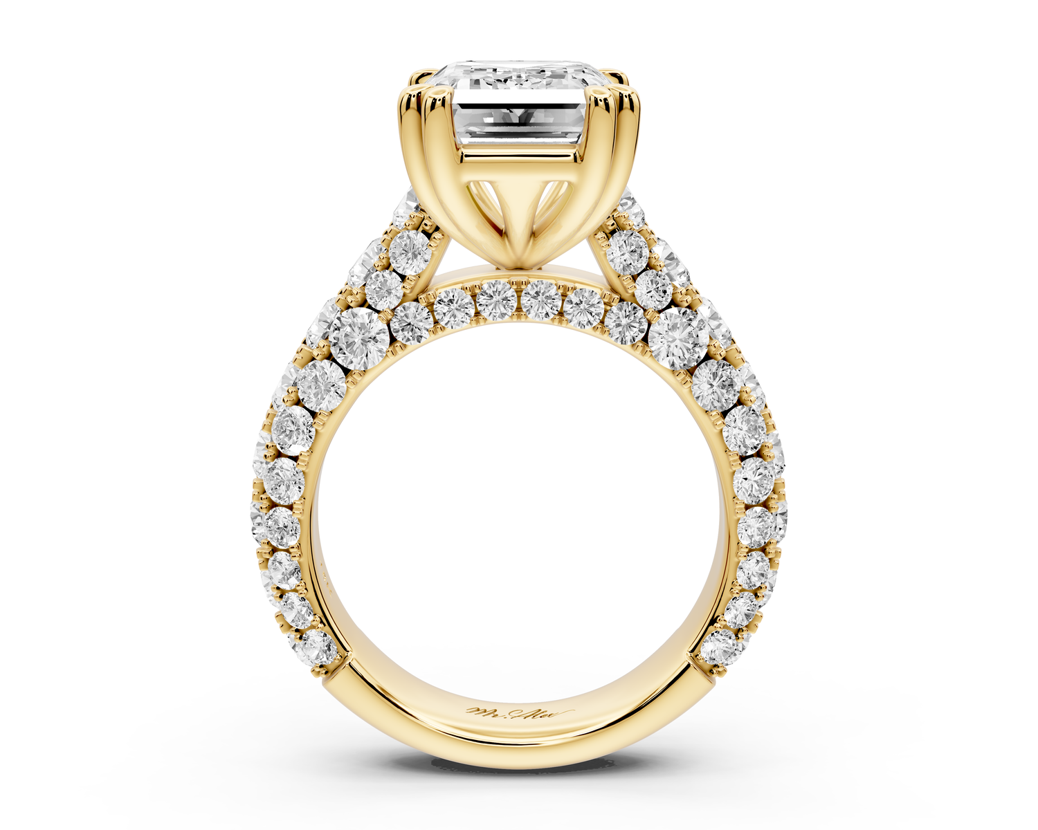 Clarissa - 4ct 14k yellow gold emerald Diamond double talon prongs with a diamond bridge rollover pave cathedral engagment ring