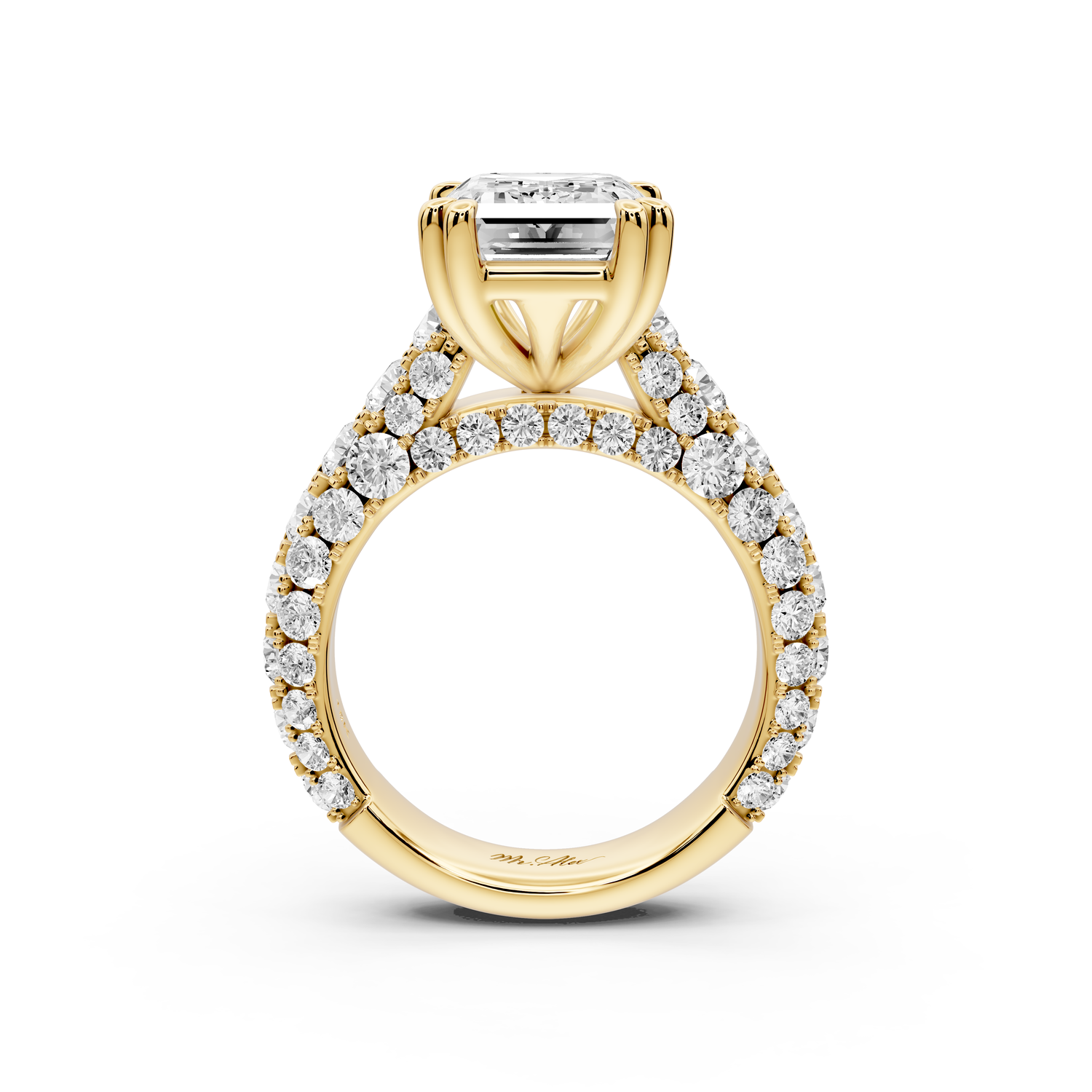 Clarissa - 4ct 14k yellow gold emerald Diamond double talon prongs with a diamond bridge rollover pave cathedral engagment ring