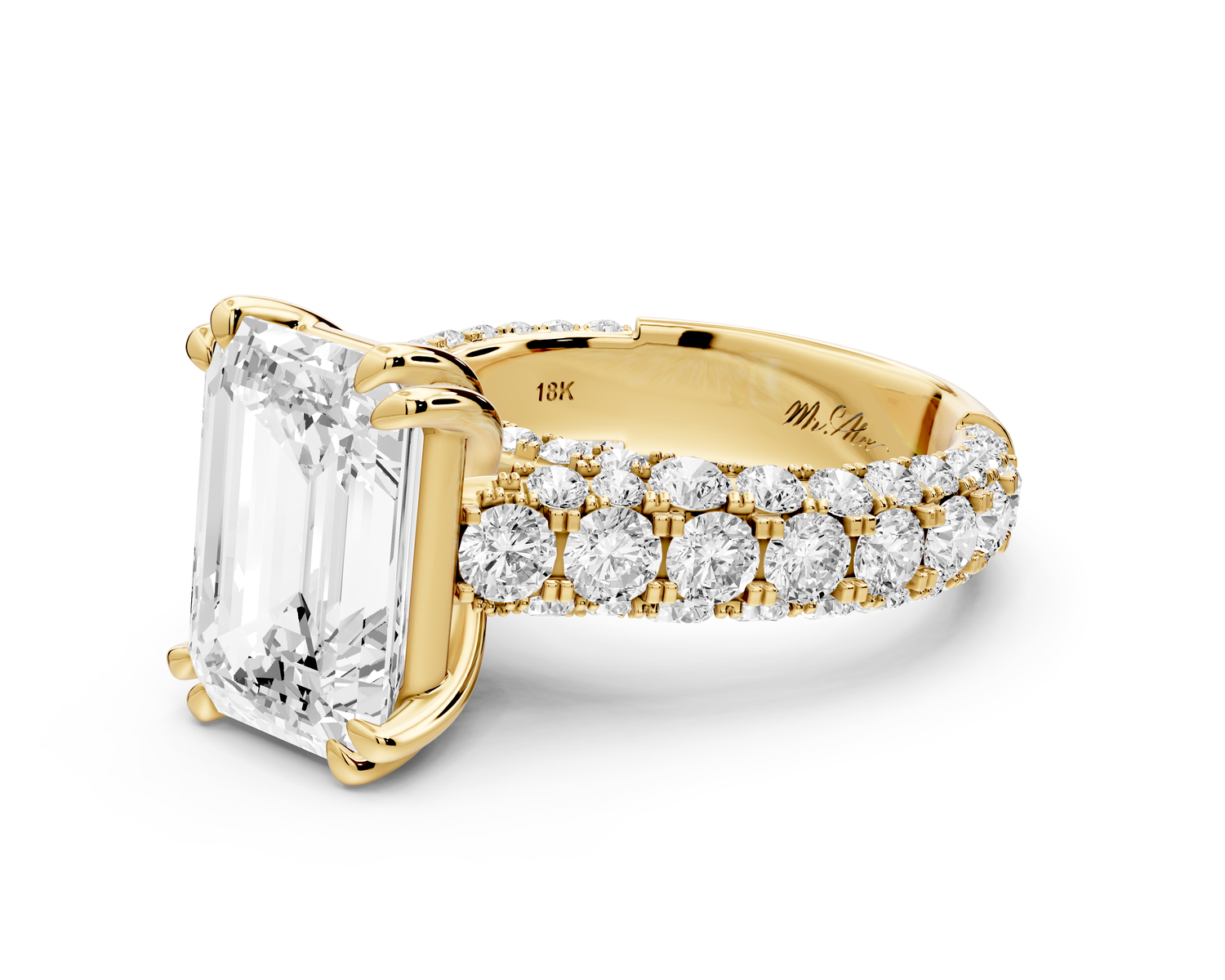 Clarissa - 4ct 14k yellow gold emerald Diamond double talon prongs with a diamond bridge rollover pave cathedral engagment ring