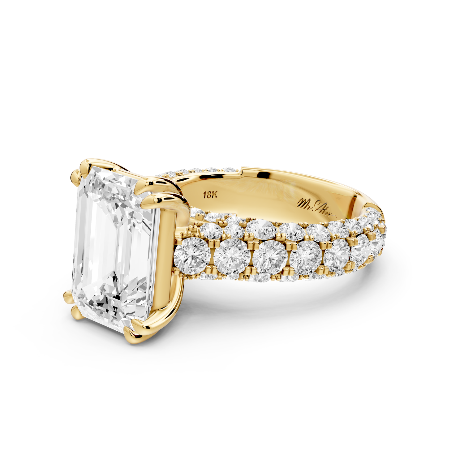 Clarissa - 4ct 14k yellow gold emerald Diamond double talon prongs with a diamond bridge rollover pave cathedral engagment ring