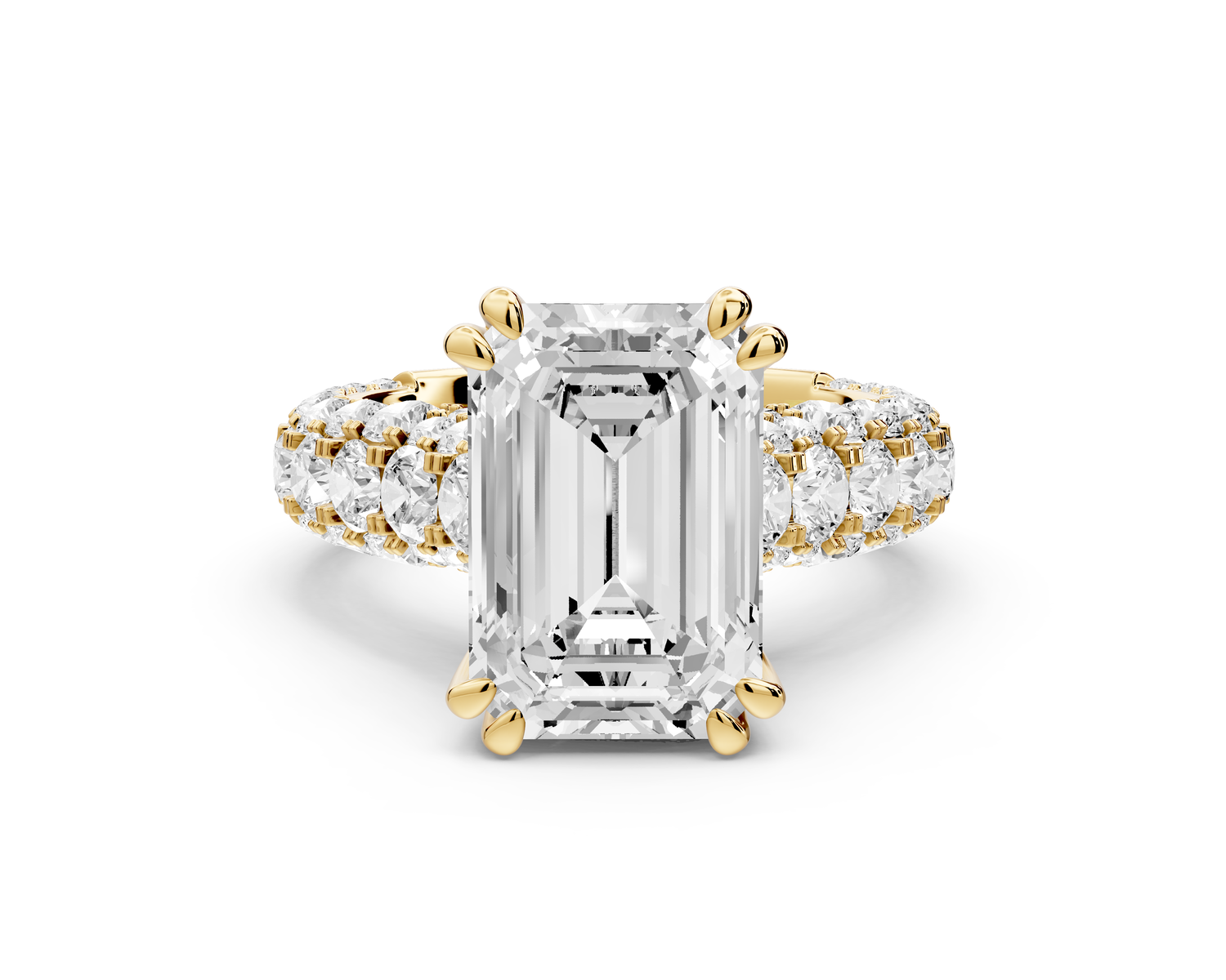 Clarissa - 4ct 14k yellow gold emerald Diamond double talon prongs with a diamond bridge rollover pave cathedral engagment ring