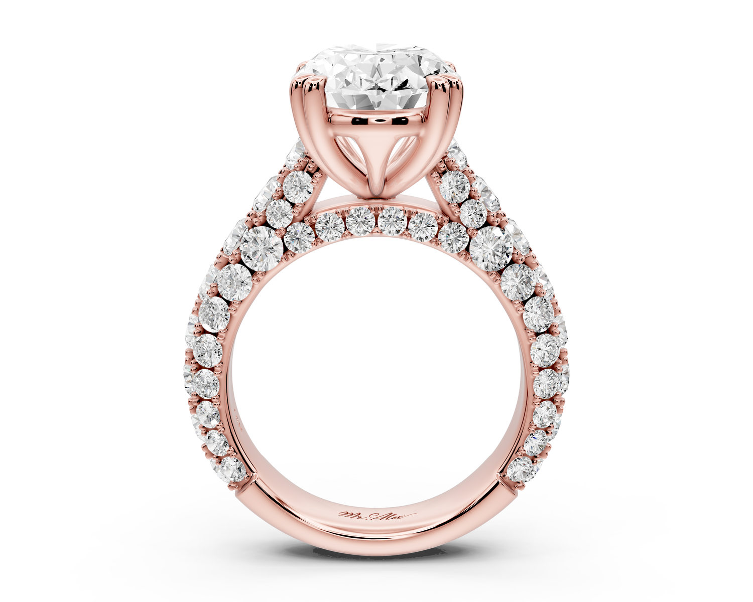 Clarissa - 4ct 14k rose gold oval Diamond double talon prongs with a diamond bridge rollover pave cathedral engagment ring