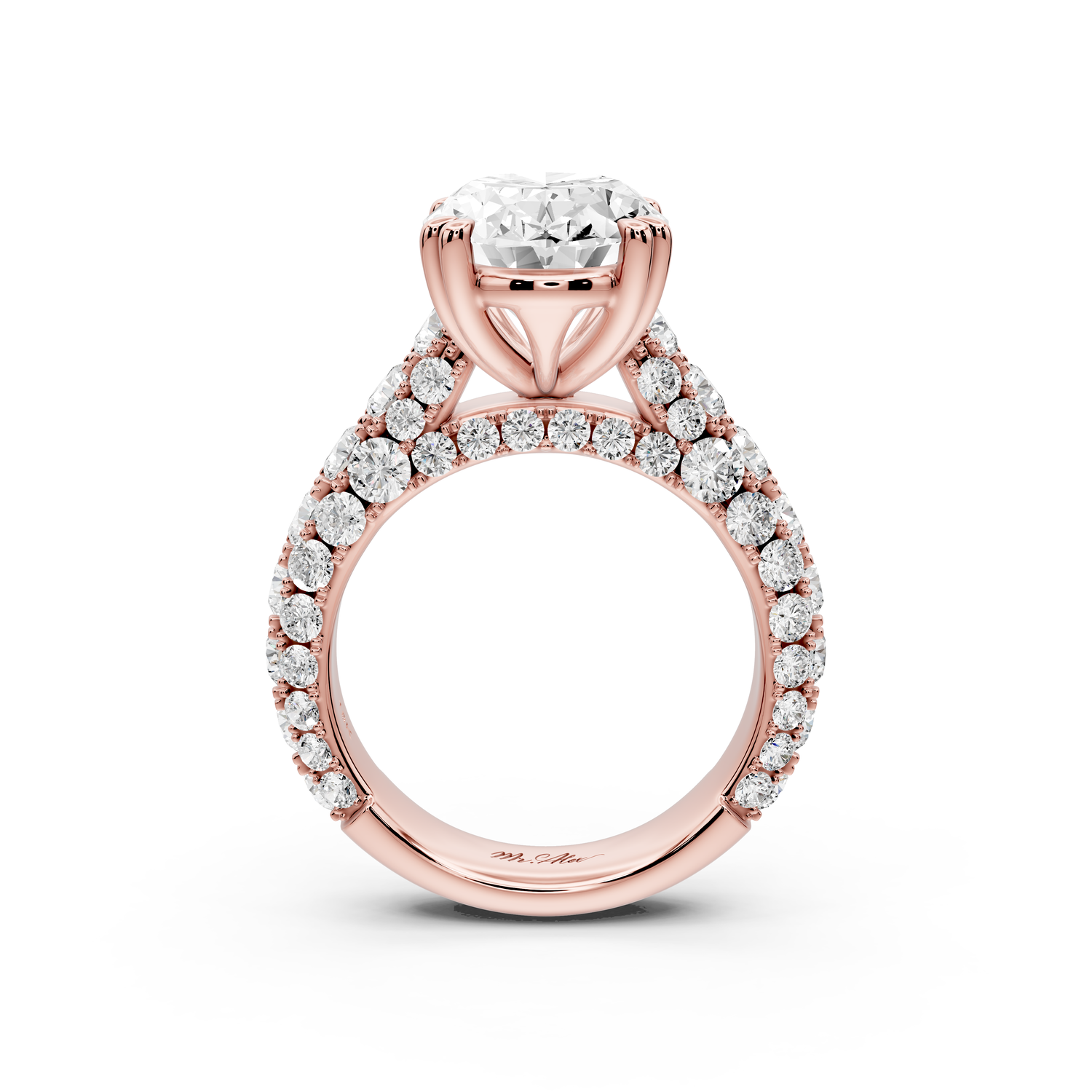 Clarissa - 4ct 14k rose gold oval Diamond double talon prongs with a diamond bridge rollover pave cathedral engagment ring