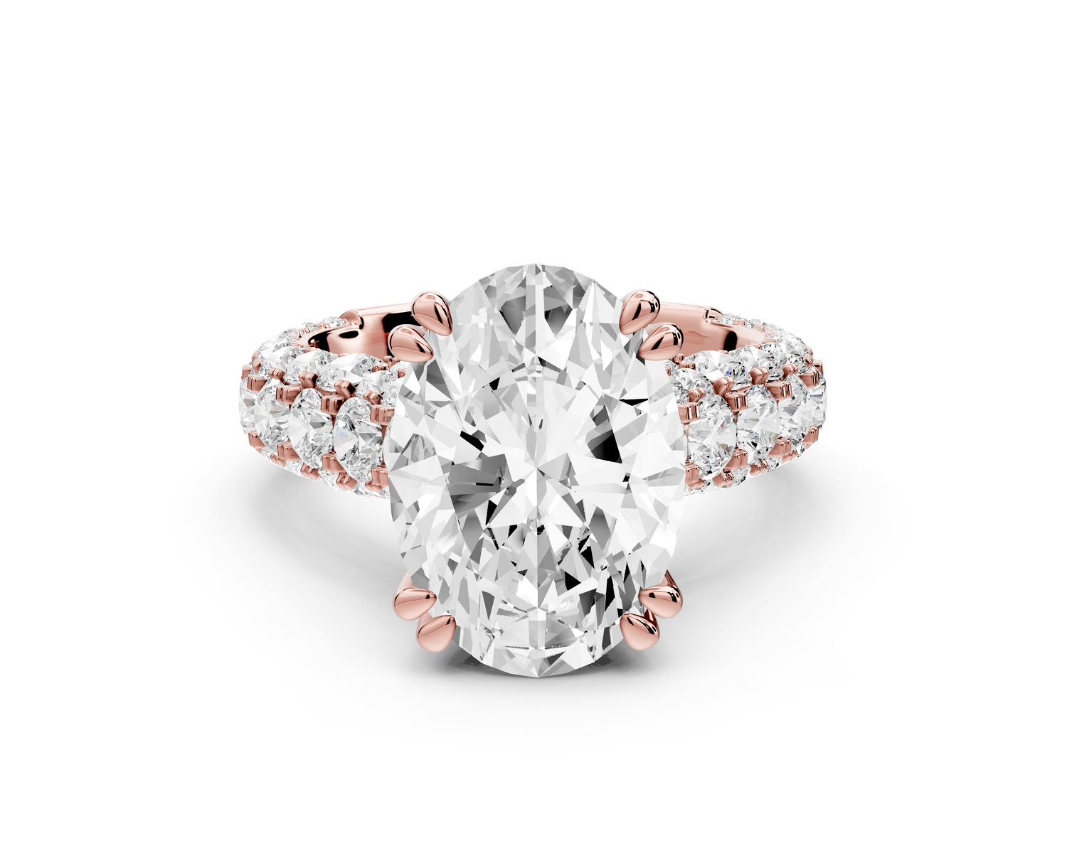 Clarissa - 4ct 14k rose gold oval Diamond double talon prongs with a diamond bridge rollover pave cathedral engagment ring