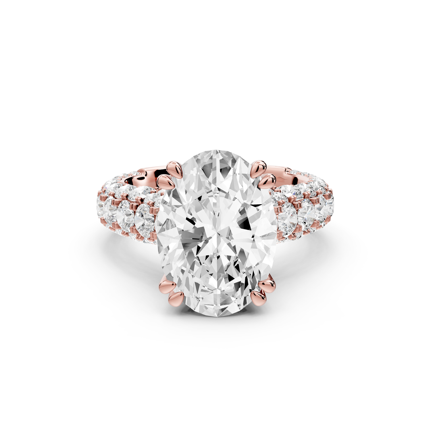 Clarissa - 4ct 14k rose gold oval Diamond double talon prongs with a diamond bridge rollover pave cathedral engagment ring