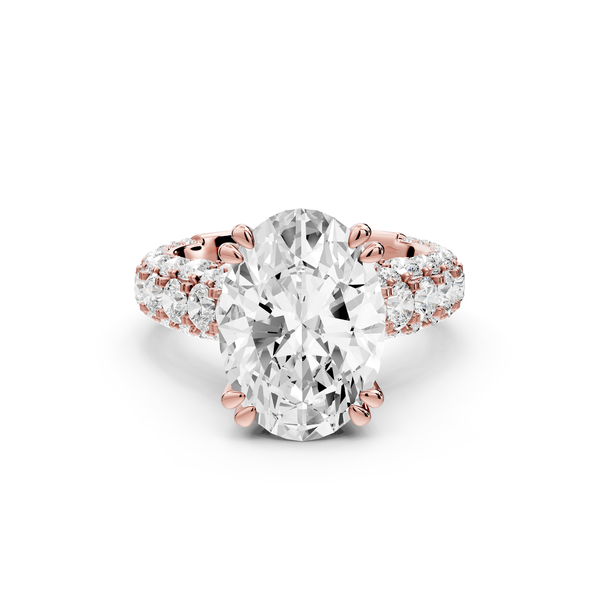 Clarissa - 4ct 14k rose gold oval Diamond double talon prongs with a diamond bridge rollover pave cathedral engagment ring