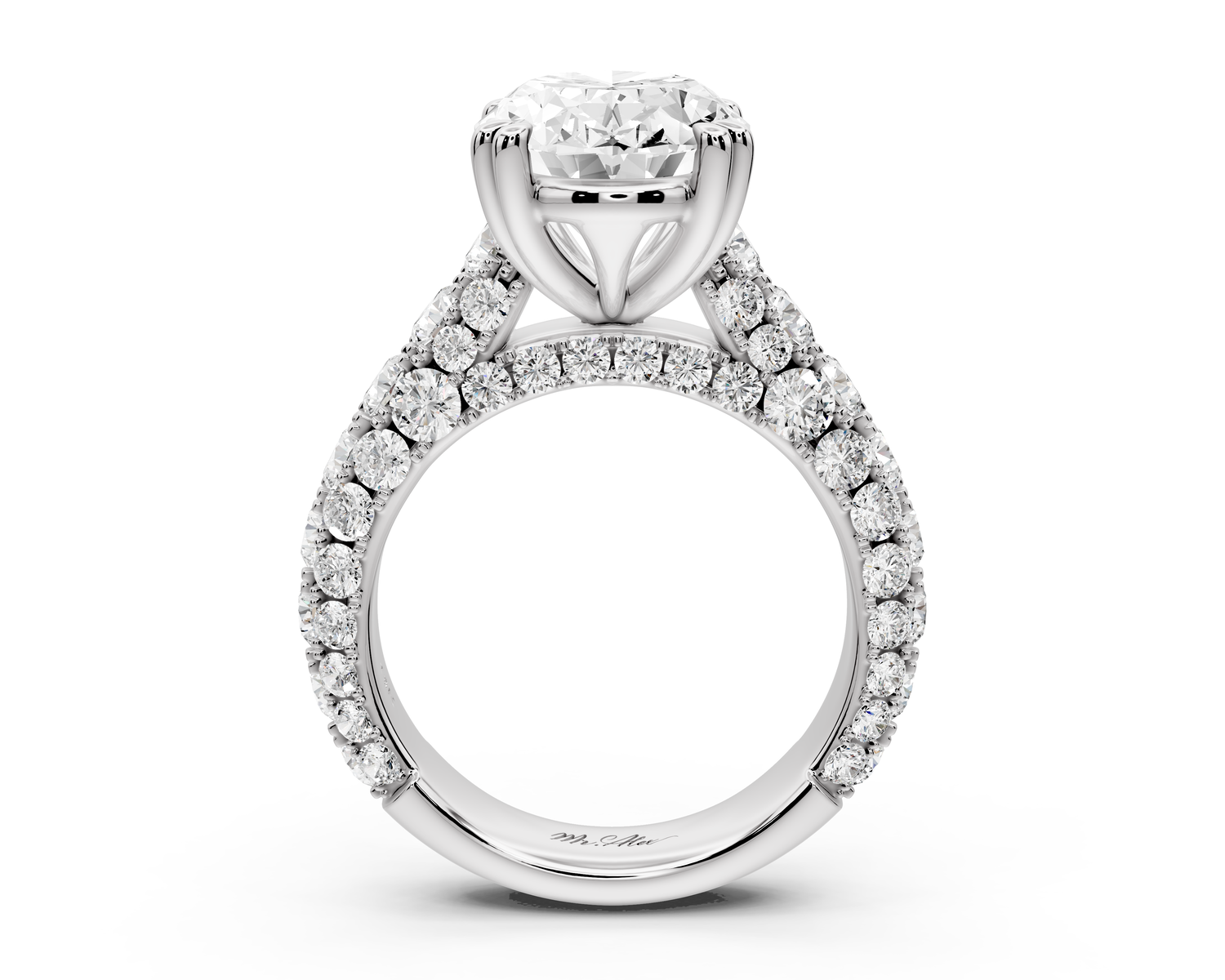 Clarissa - 4ct 14k white gold oval Diamond double talon prongs with a diamond bridge rollover pave cathedral engagment ring