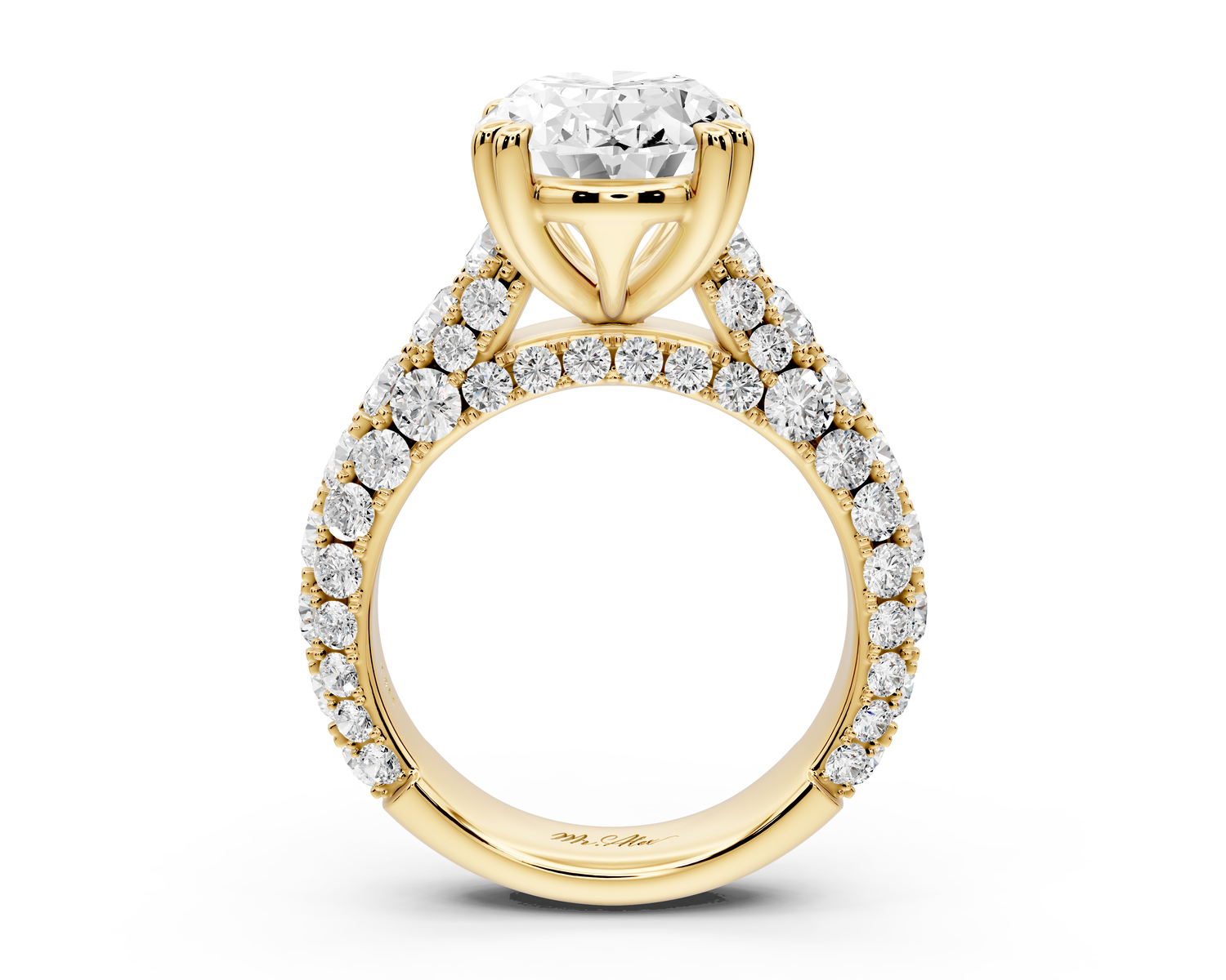 Clarissa - 4ct 14k yellow gold oval Diamond double talon prongs with a diamond bridge rollover pave cathedral engagment ring