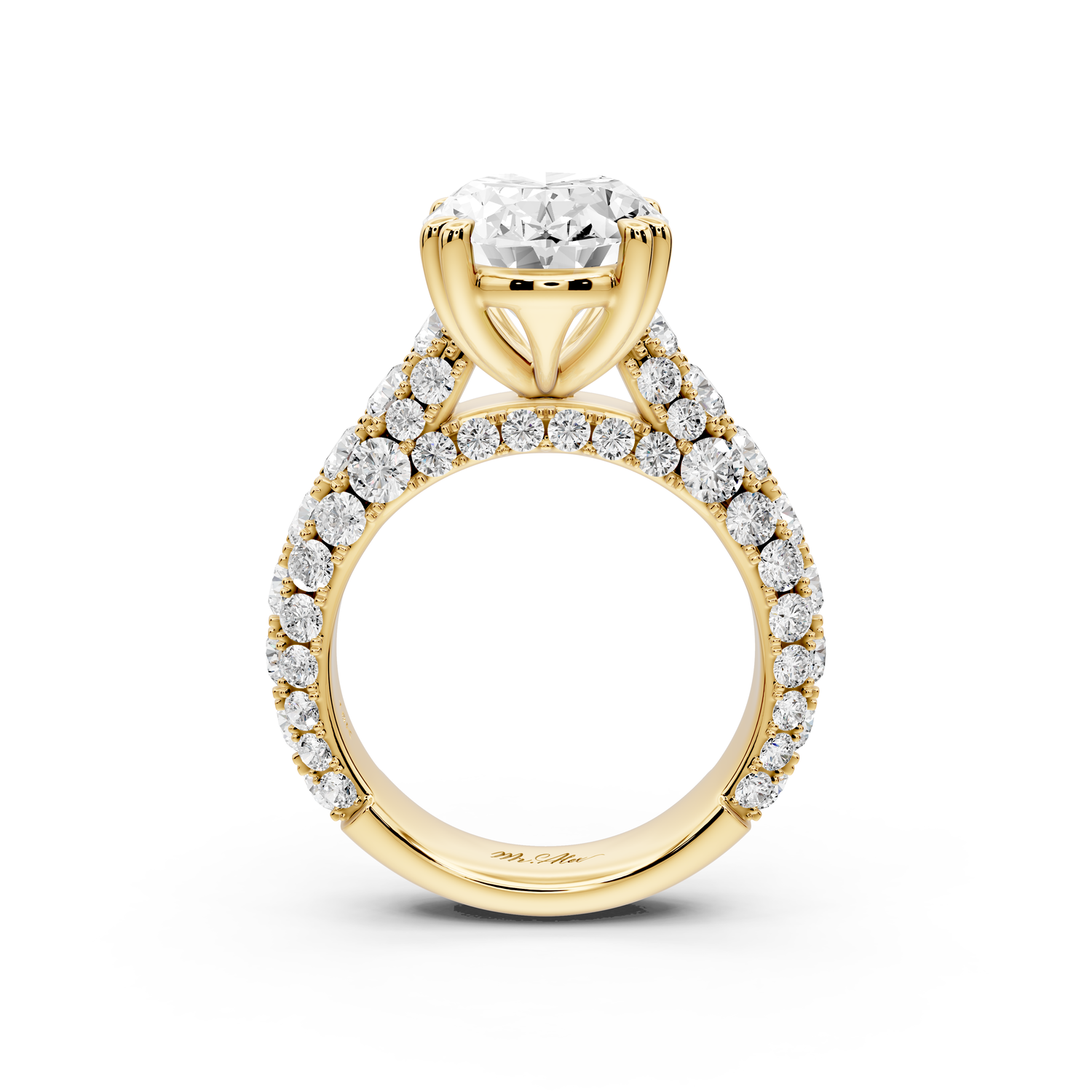 Clarissa - 4ct 14k yellow gold oval Diamond double talon prongs with a diamond bridge rollover pave cathedral engagment ring