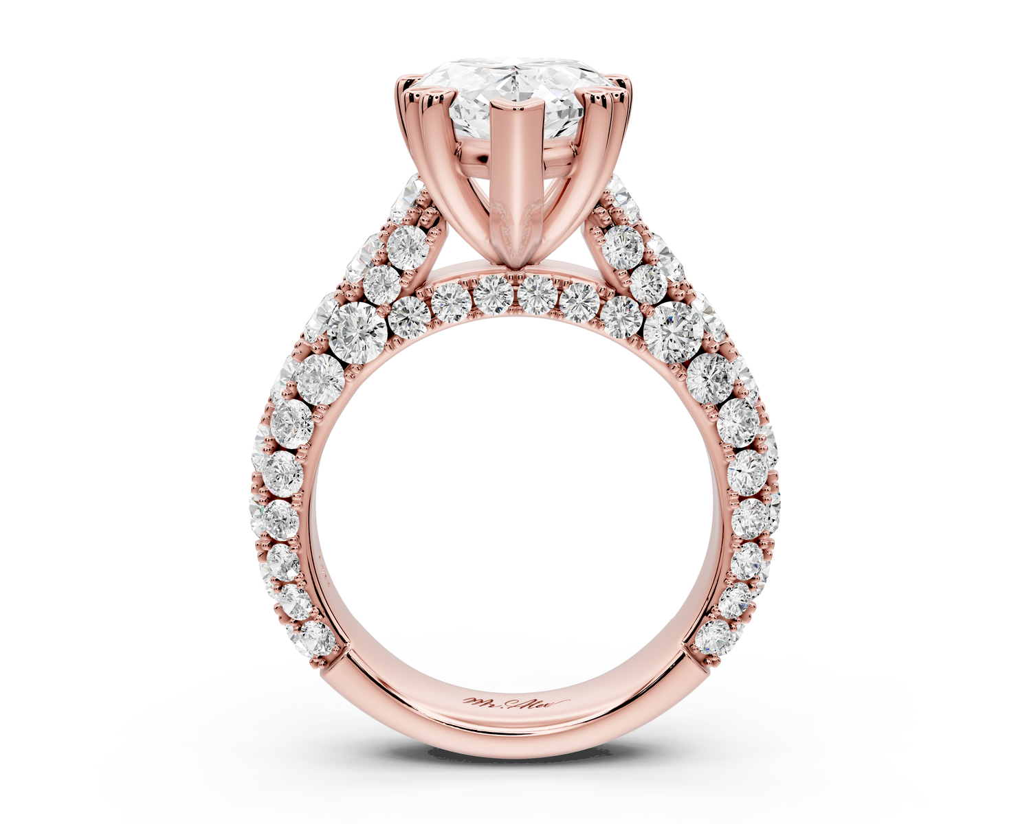 Clarissa - 4ct 14k rose gold pear Diamond double talon prongs with a diamond bridge rollover pave cathedral engagment ring