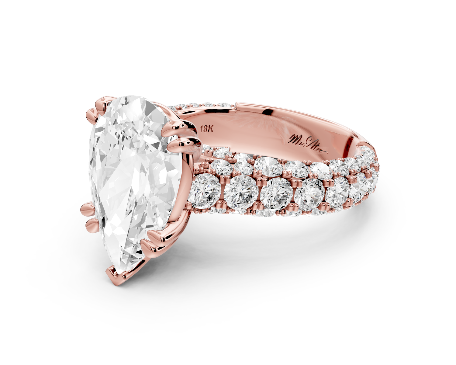 Clarissa - 4ct 18k rose gold pear Diamond double talon prongs with a diamond bridge rollover pave cathedral engagment ring