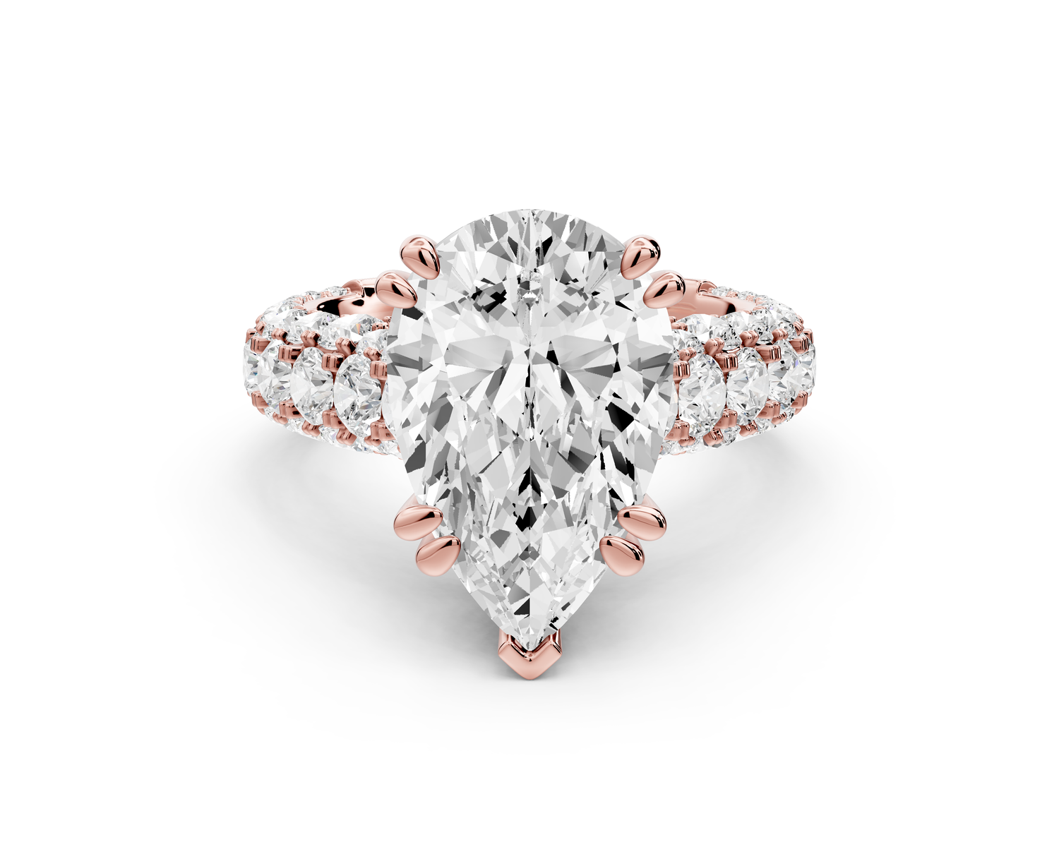 Clarissa - 4ct 14k rose gold pear Diamond double talon prongs with a diamond bridge rollover pave cathedral engagment ring