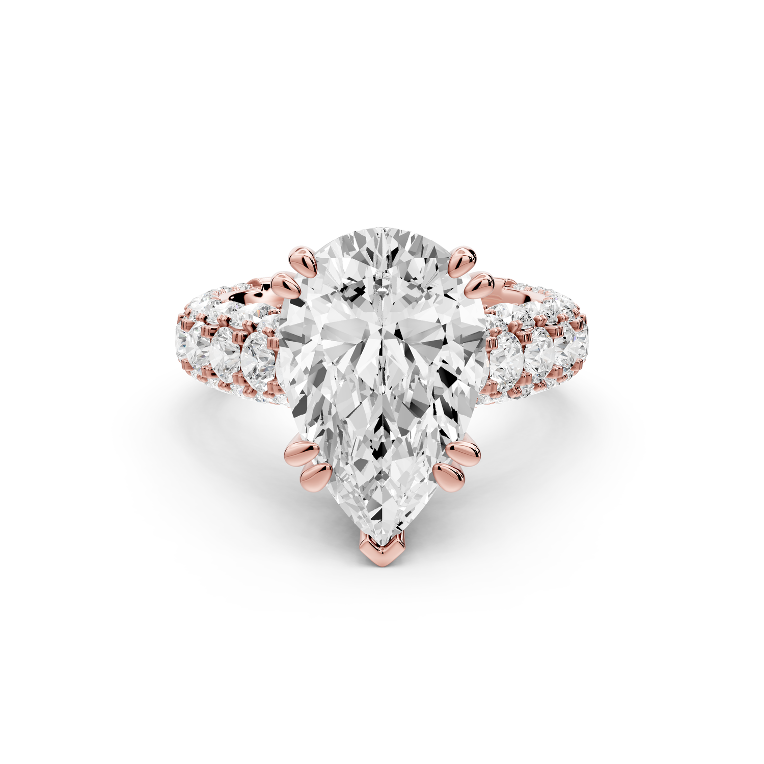 Clarissa - 4ct 14k rose gold pear Diamond double talon prongs with a diamond bridge rollover pave cathedral engagment ring