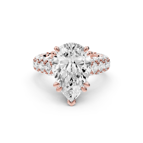 Clarissa - 4ct 14k rose gold pear Diamond double talon prongs with a diamond bridge rollover pave cathedral engagment ring