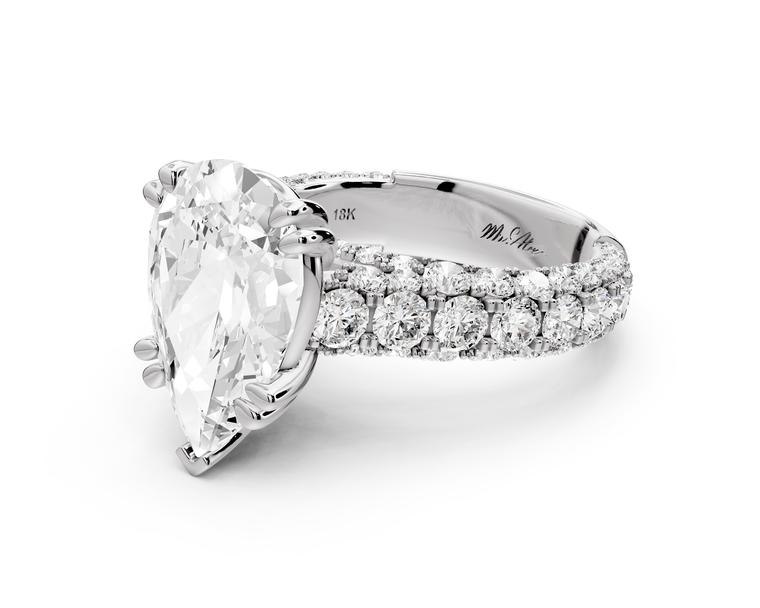 Clarissa - 4ct 14k white gold pear Diamond double talon prongs with a diamond bridge rollover pave cathedral engagment ring
