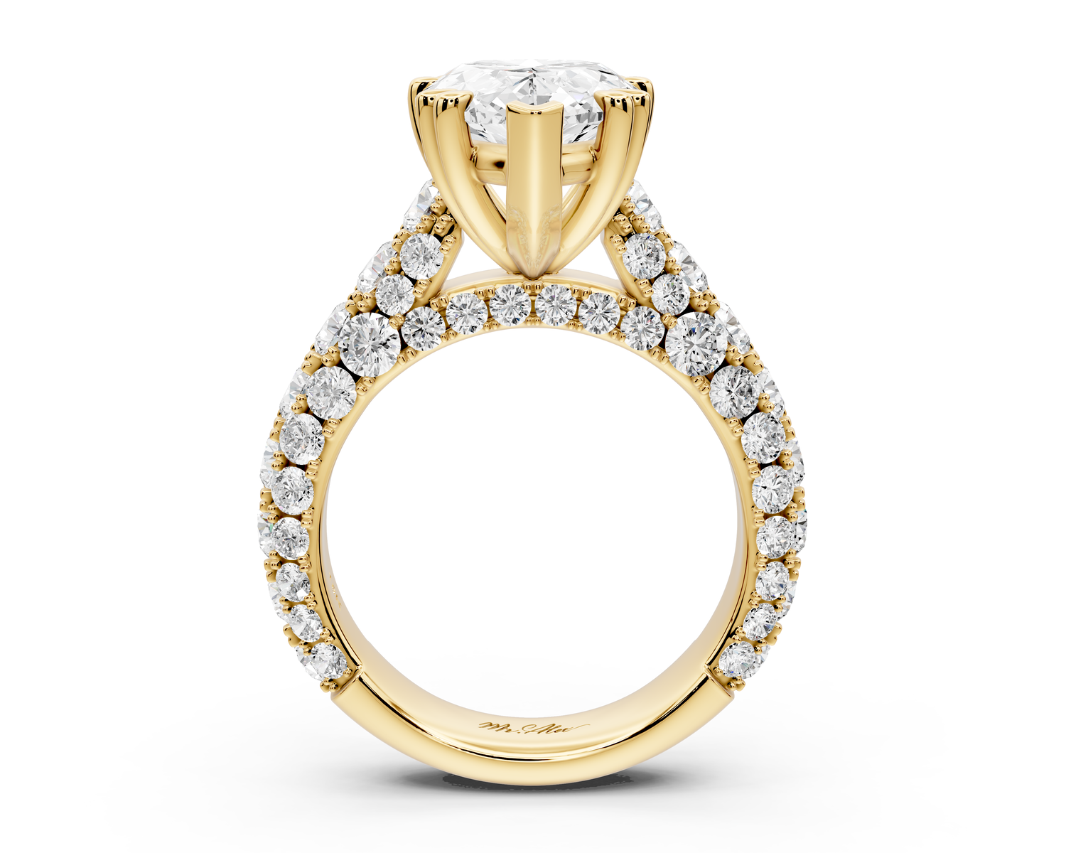 Clarissa - 4ct 14k yellow gold pear Diamond double talon prongs with a diamond bridge rollover pave cathedral engagment ring