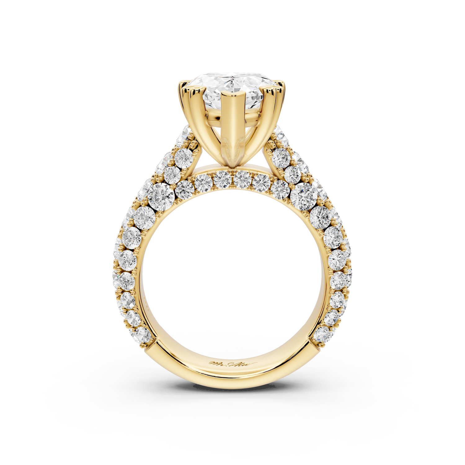 Clarissa - 4ct 14k yellow gold pear Diamond double talon prongs with a diamond bridge rollover pave cathedral engagment ring