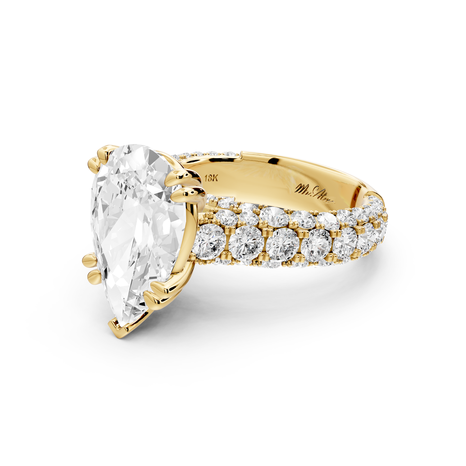 Clarissa - 4ct 14k yellow gold pear Diamond double talon prongs with a diamond bridge rollover pave cathedral engagment ring