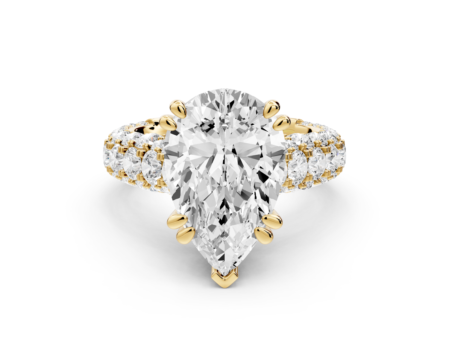 Clarissa - 4ct 14k yellow gold pear Diamond double talon prongs with a diamond bridge rollover pave cathedral engagment ring