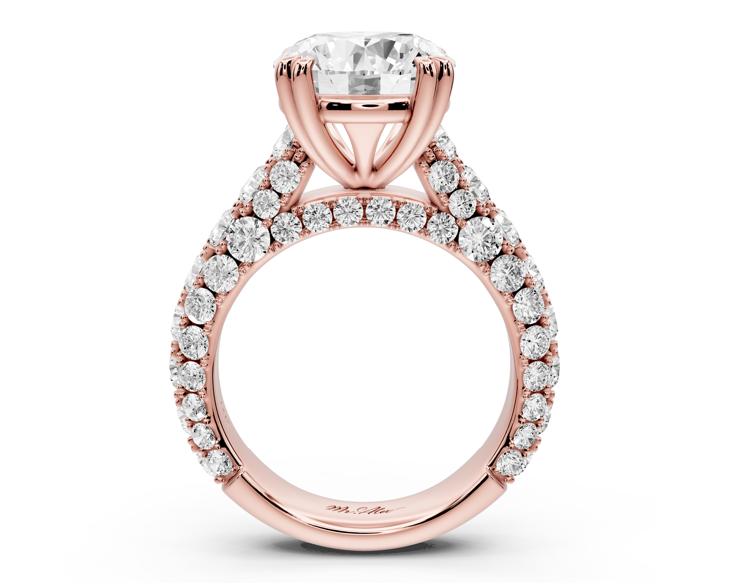 Clarissa - 4ct 14k rose gold round Diamond double talon prongs with a diamond bridge rollover pave cathedral engagment ring