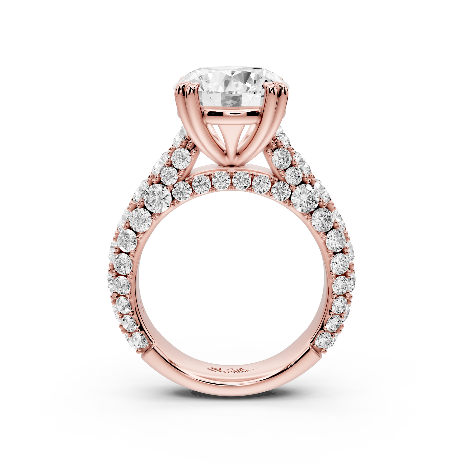Clarissa - 4ct 14k rose gold round Diamond double talon prongs with a diamond bridge rollover pave cathedral engagment ring
