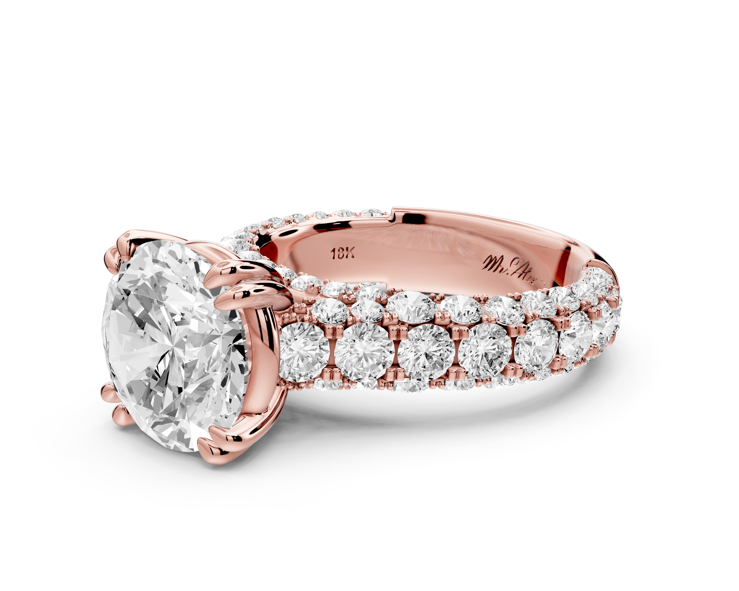 Clarissa - 4ct 14k rose gold round Diamond double talon prongs with a diamond bridge rollover pave cathedral engagment ring