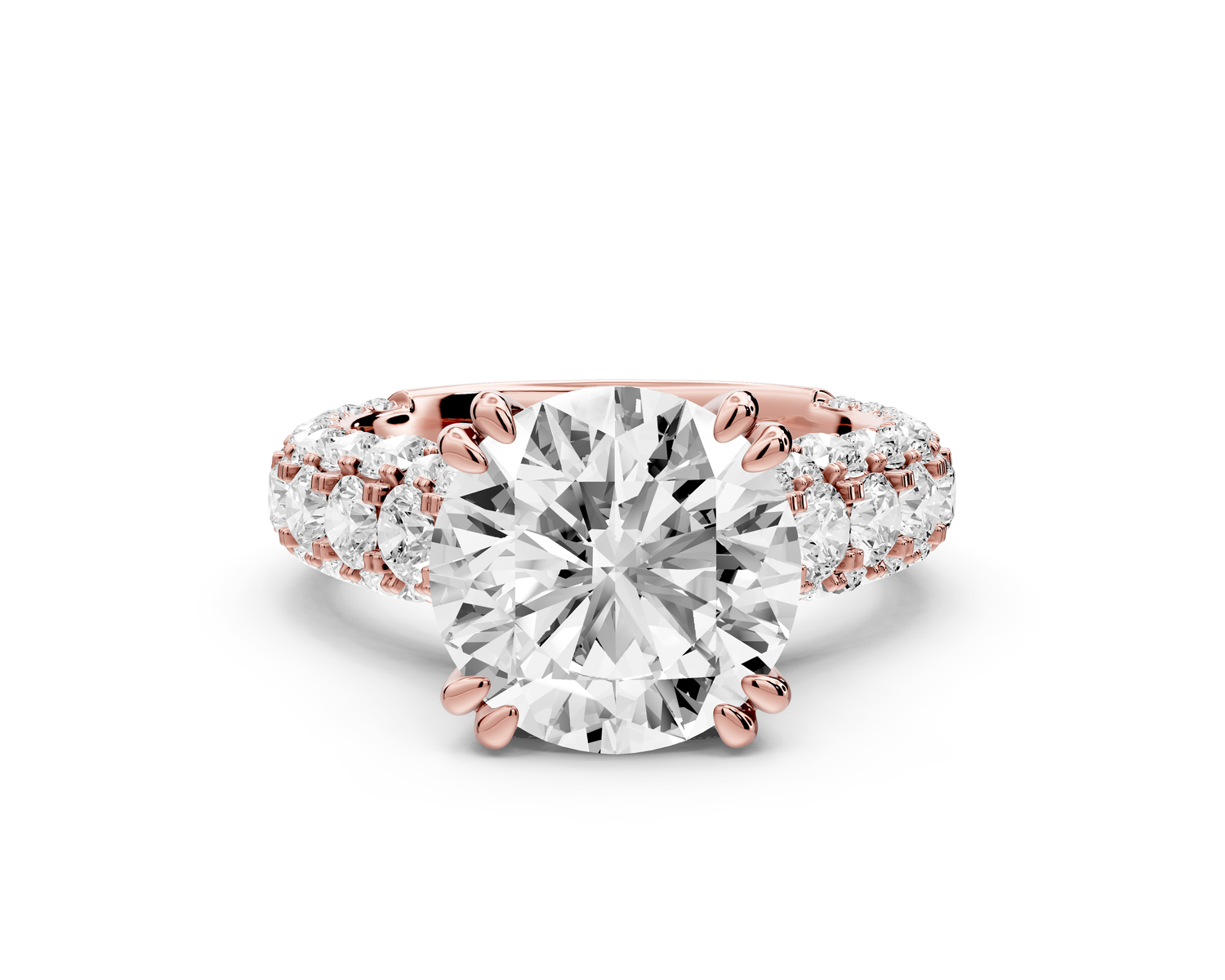 Clarissa - 4ct 14k rose gold round Diamond double talon prongs with a diamond bridge rollover pave cathedral engagment ring