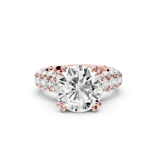 Clarissa - 4ct 14k rose gold round Diamond double talon prongs with a diamond bridge rollover pave cathedral engagment ring