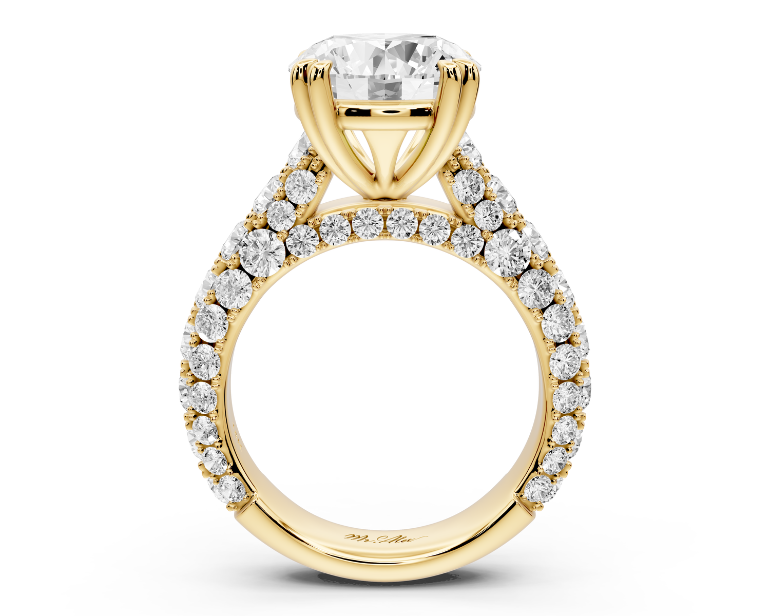 Clarissa - 4ct 14k yellow gold round Diamond double talon prongs with a diamond bridge rollover pave cathedral engagment ring
