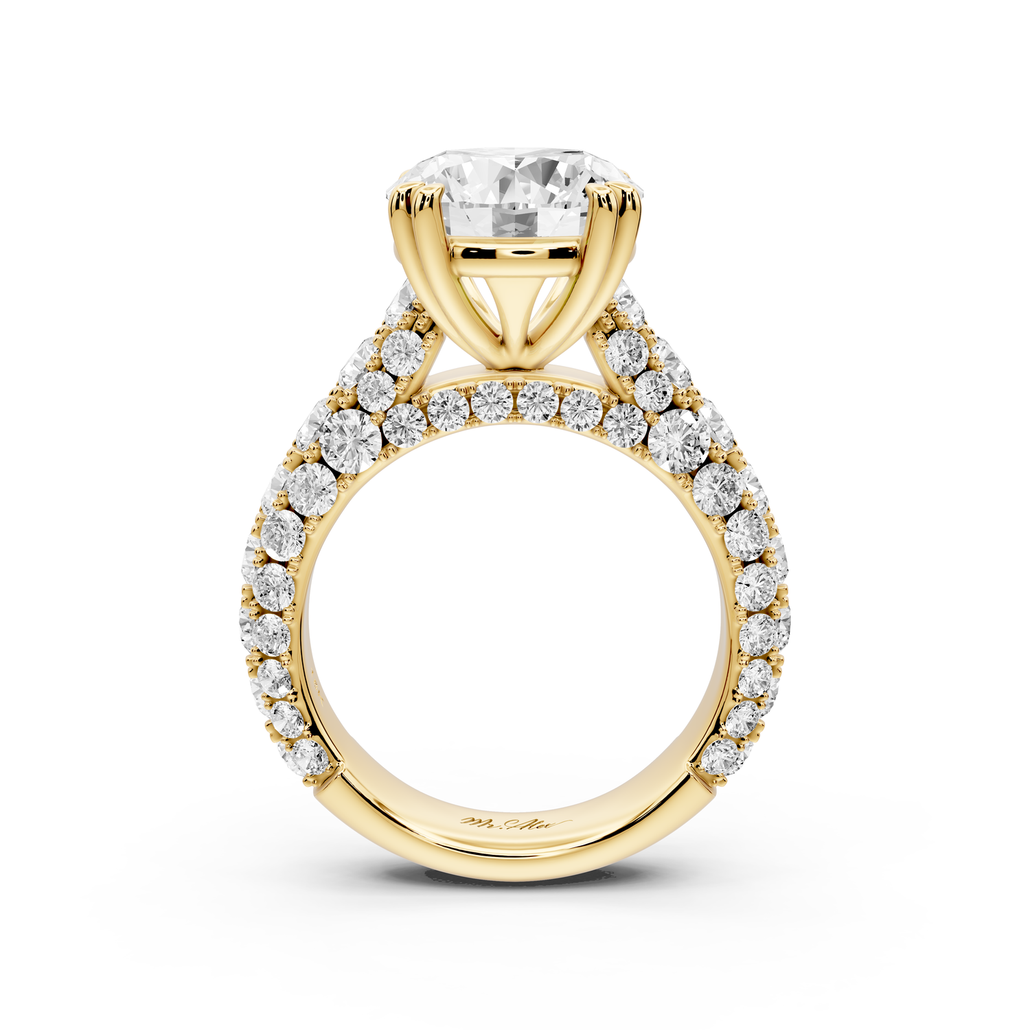 Clarissa - 4ct 14k yellow gold round Diamond double talon prongs with a diamond bridge rollover pave cathedral engagment ring