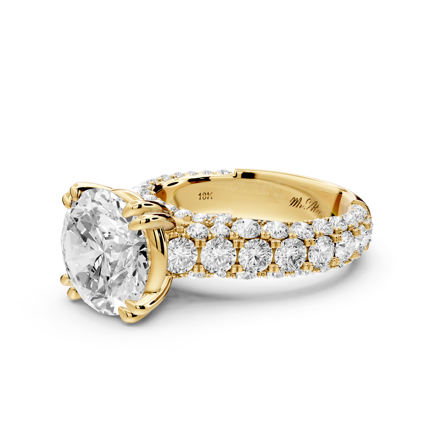 Clarissa - 4ct 14k yellow gold round Diamond double talon prongs with a diamond bridge rollover pave cathedral engagment ring