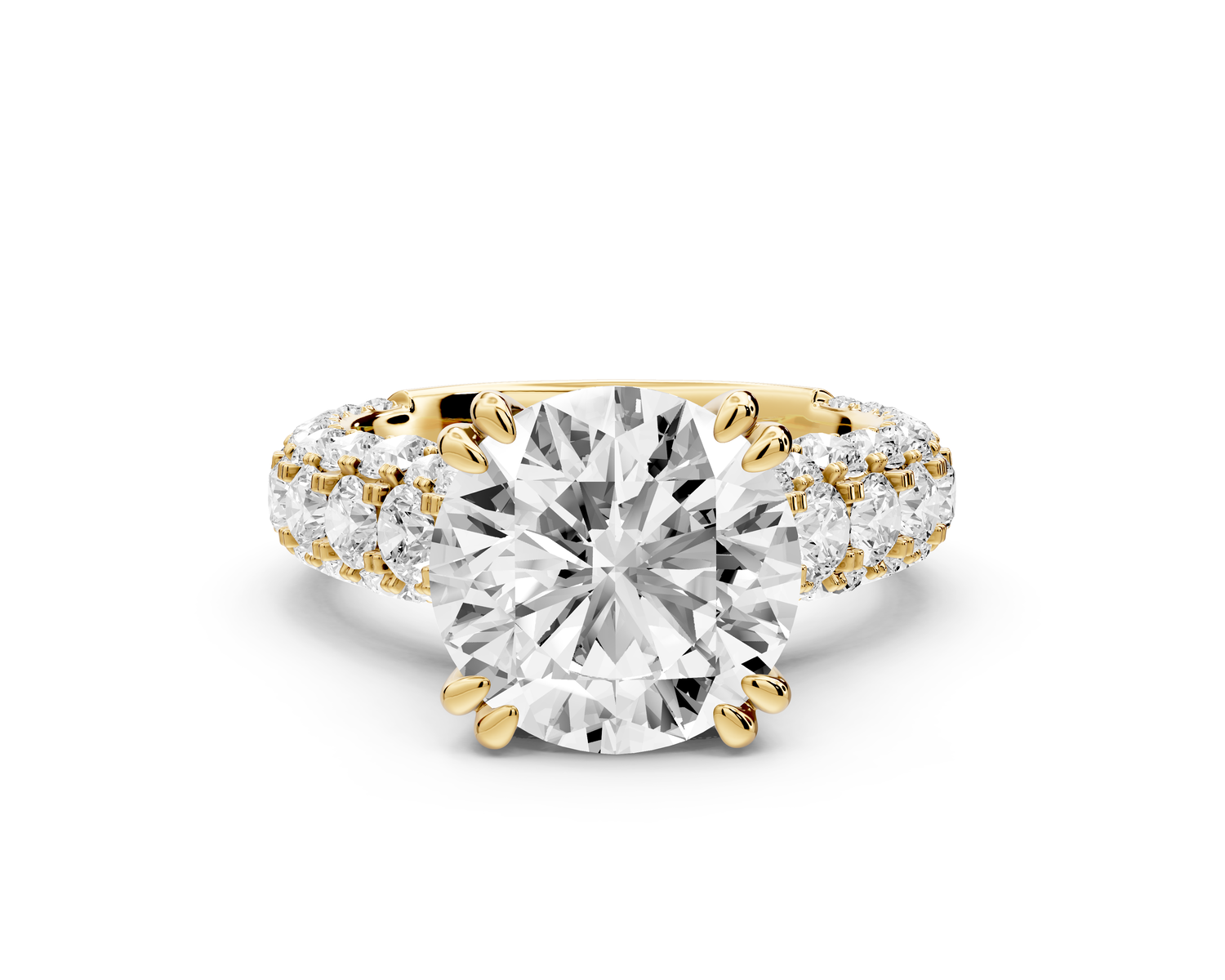 Clarissa - 4ct 14k yellow gold round Diamond double talon prongs with a diamond bridge rollover pave cathedral engagment ring