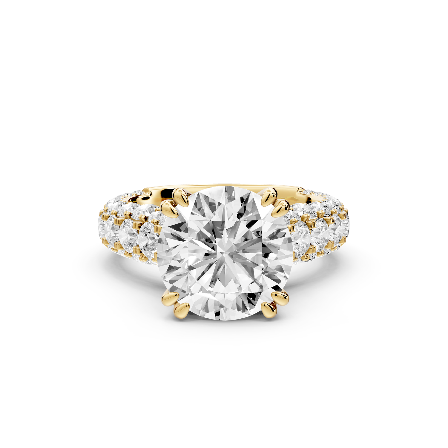 Clarissa - 4ct 14k yellow gold round Diamond double talon prongs with a diamond bridge rollover pave cathedral engagment ring