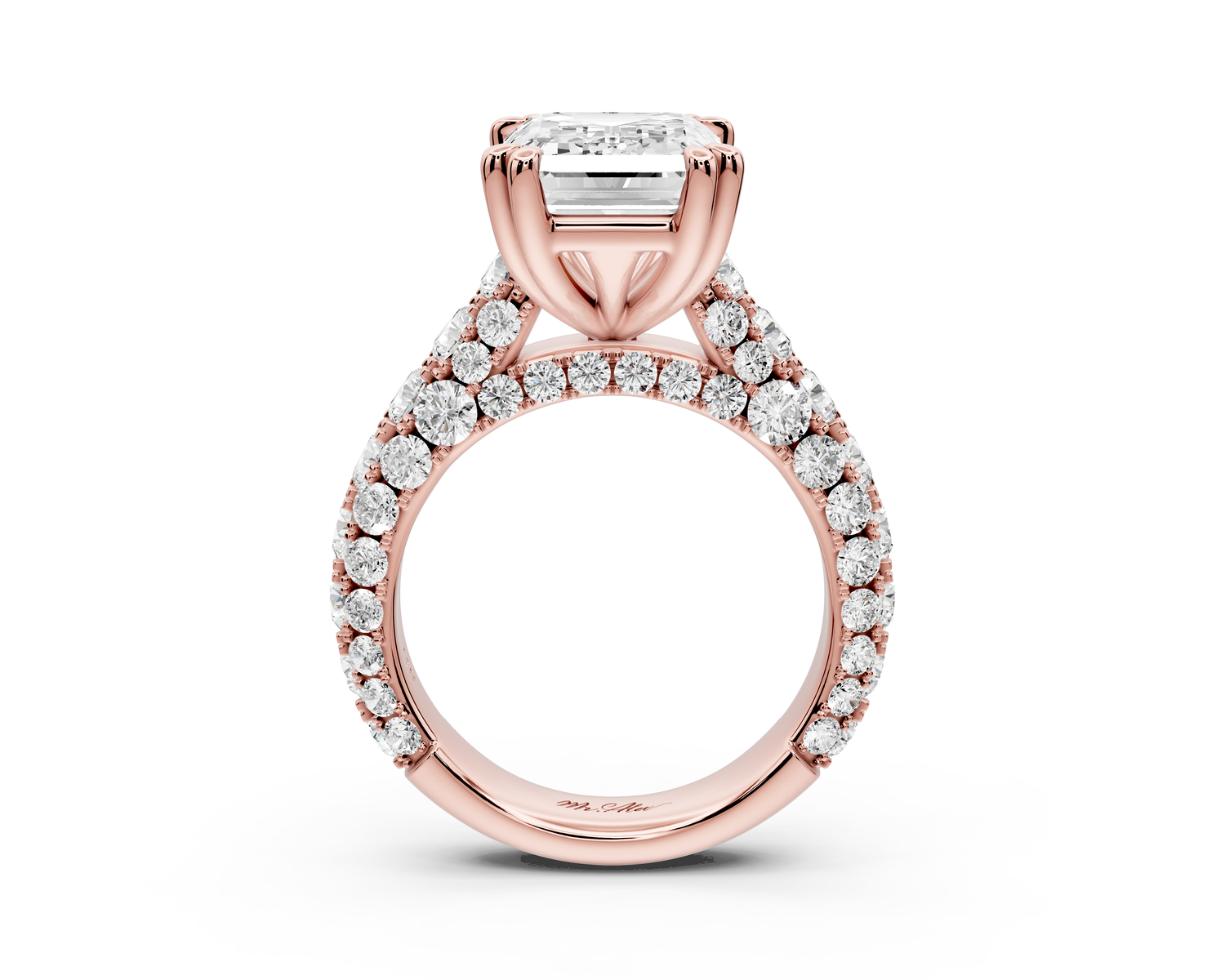 Clarissa - 5ct 14k rose gold emerald Diamond double talon prongs with a diamond bridge rollover pave cathedral engagment ring