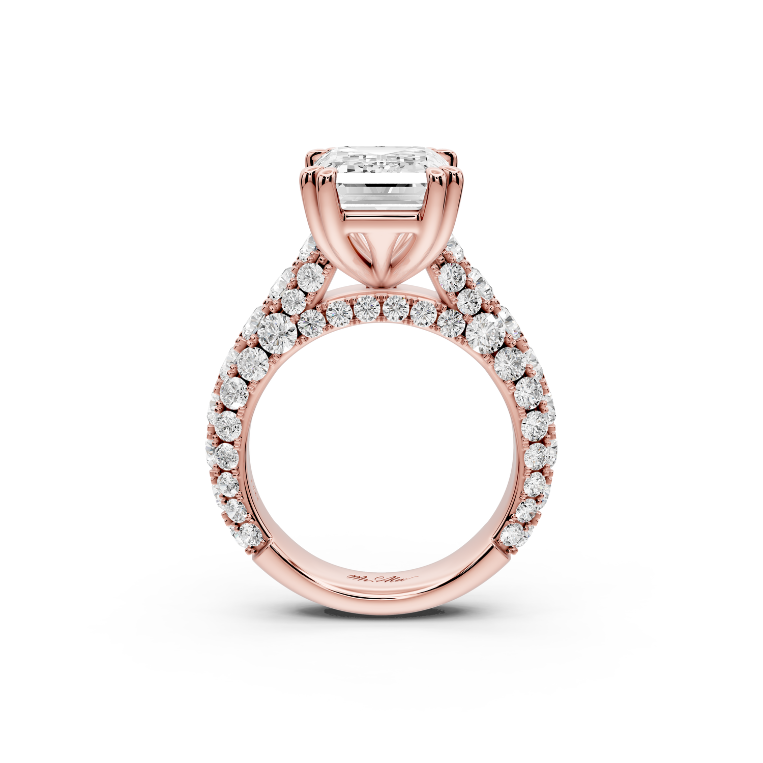 Clarissa - 5ct 14k rose gold emerald Diamond double talon prongs with a diamond bridge rollover pave cathedral engagment ring