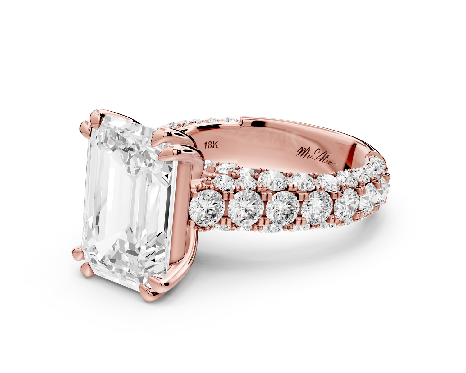 Clarissa - 5ct 14k rose gold emerald Diamond double talon prongs with a diamond bridge rollover pave cathedral engagment ring