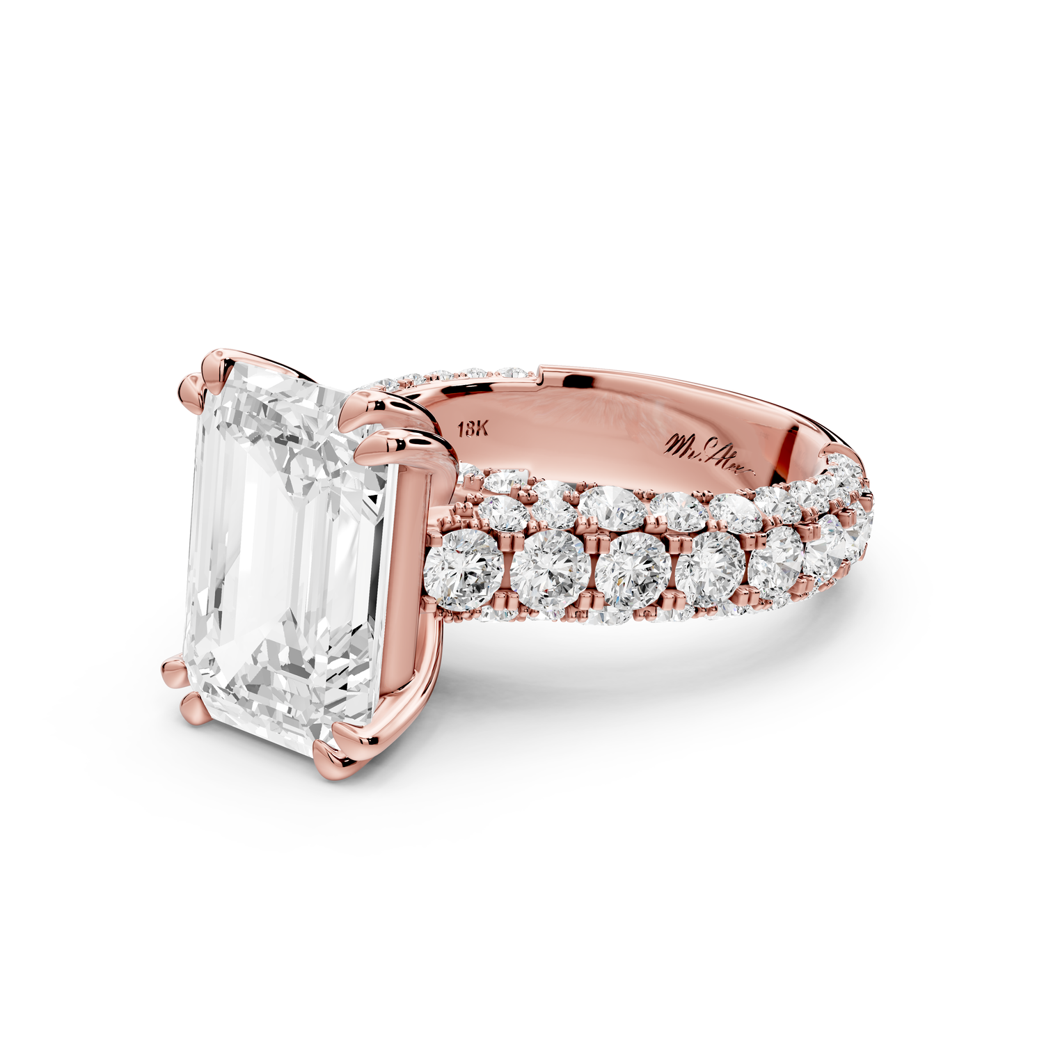 Clarissa - 5ct 14k rose gold emerald Diamond double talon prongs with a diamond bridge rollover pave cathedral engagment ring