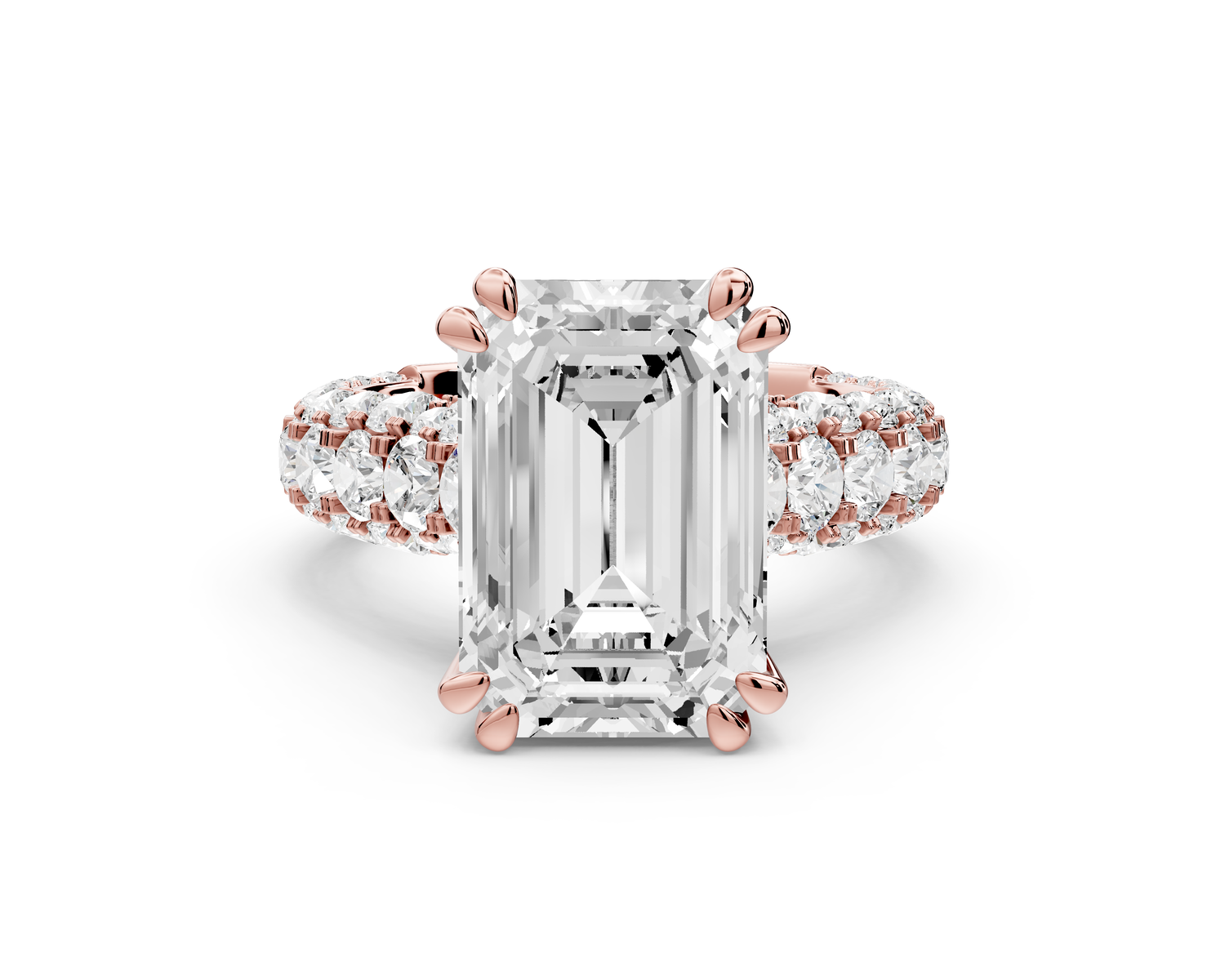 Clarissa - 5ct 14k rose gold emerald Diamond double talon prongs with a diamond bridge rollover pave cathedral engagment ring